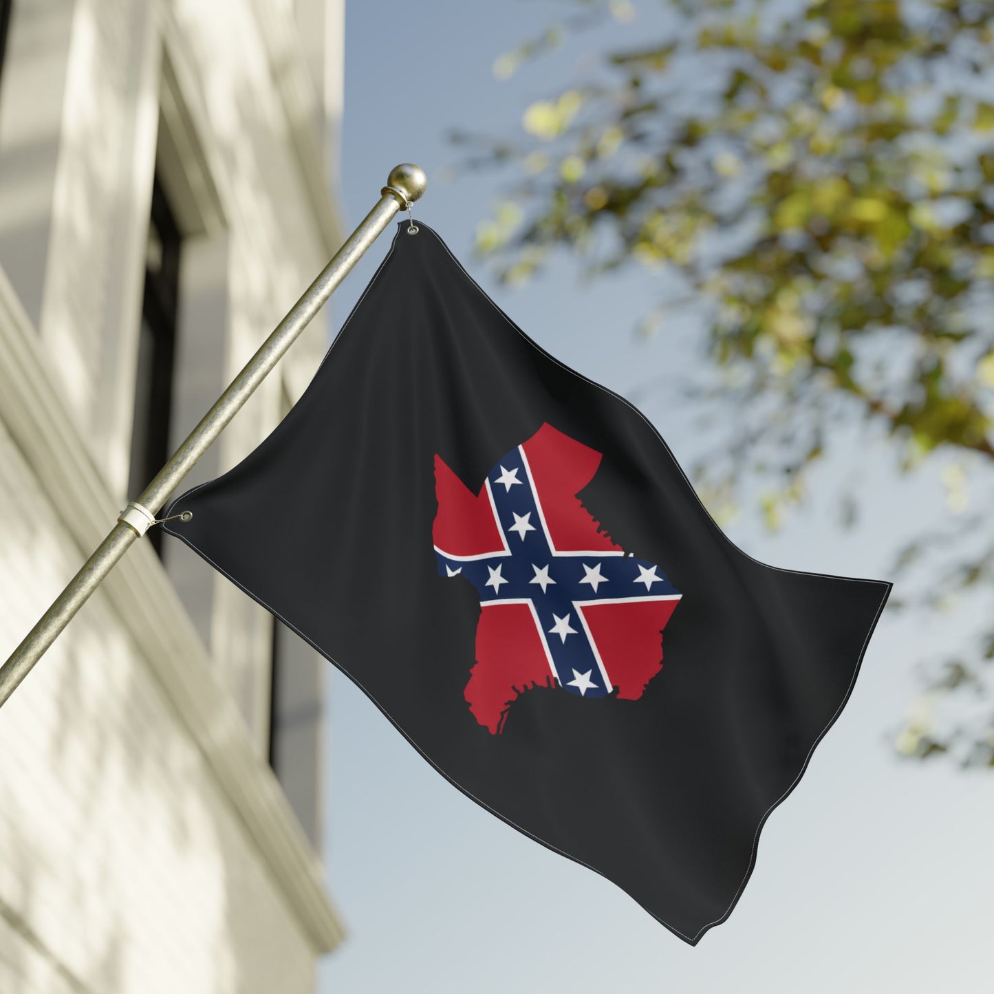 Confederate Texas outdoor flag with black background and red Confederate design flying on a house flagpole