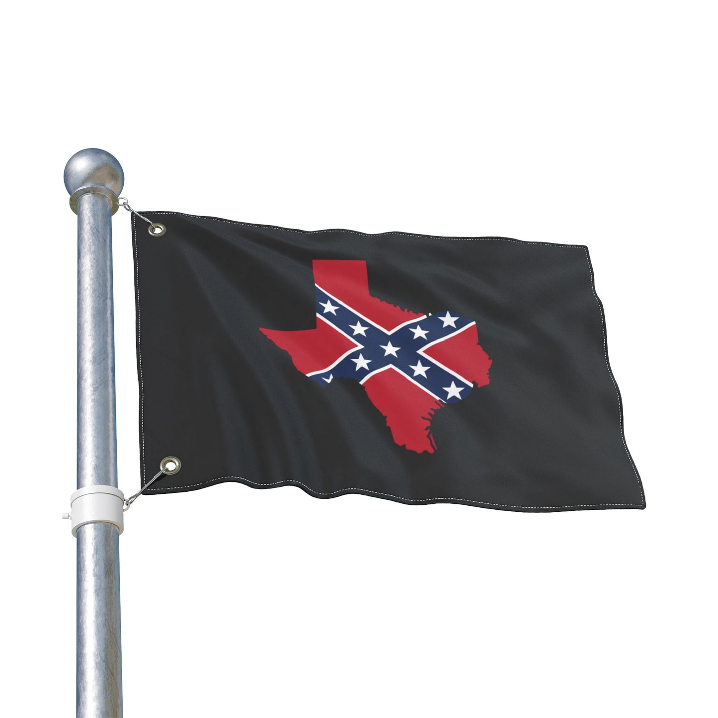 Confederate Texas outdoor flag featuring Texas shape with Confederate design on black background waving on flagpole