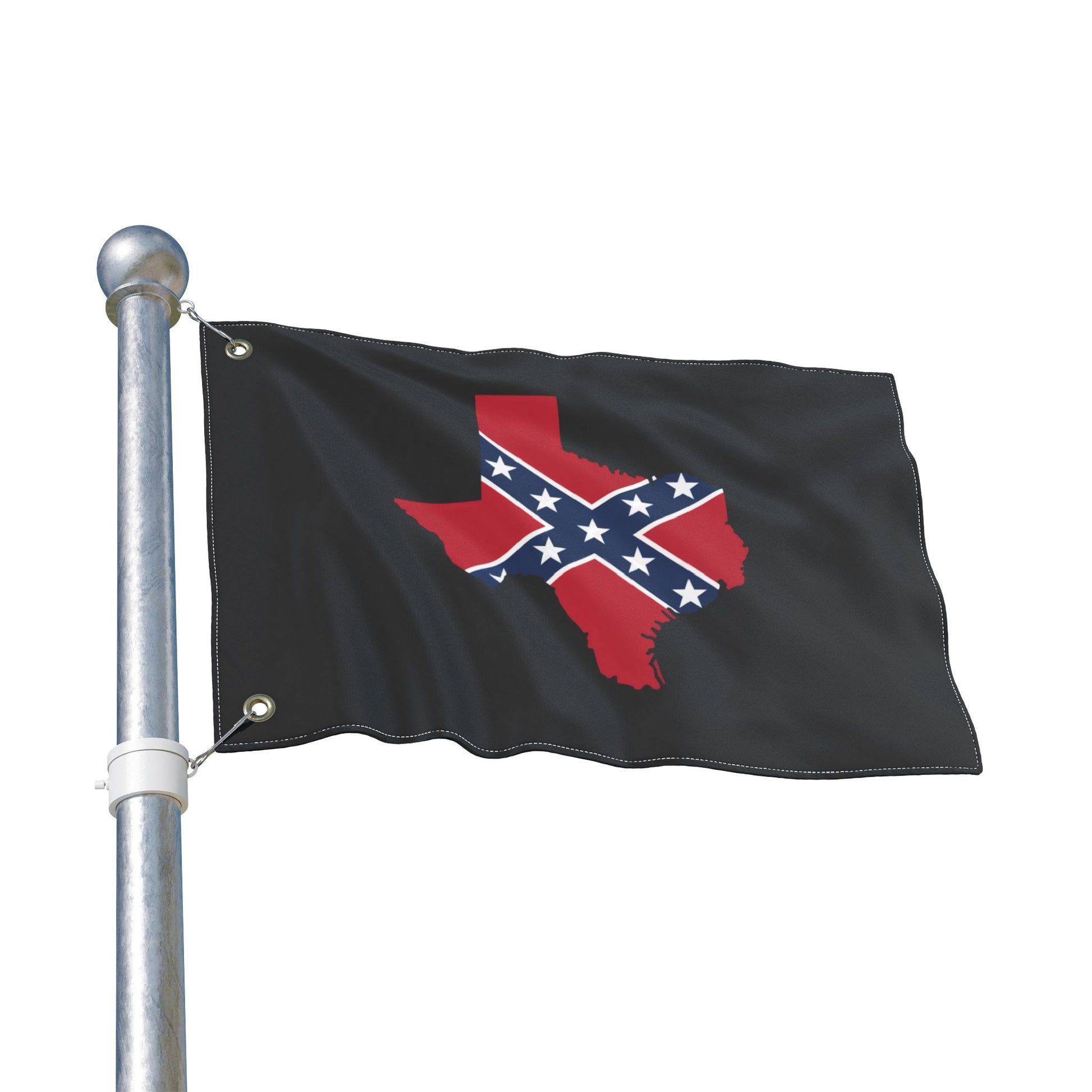 Confederate Texas outdoor flag featuring Texas shape with Confederate design on black background waving on flagpole
