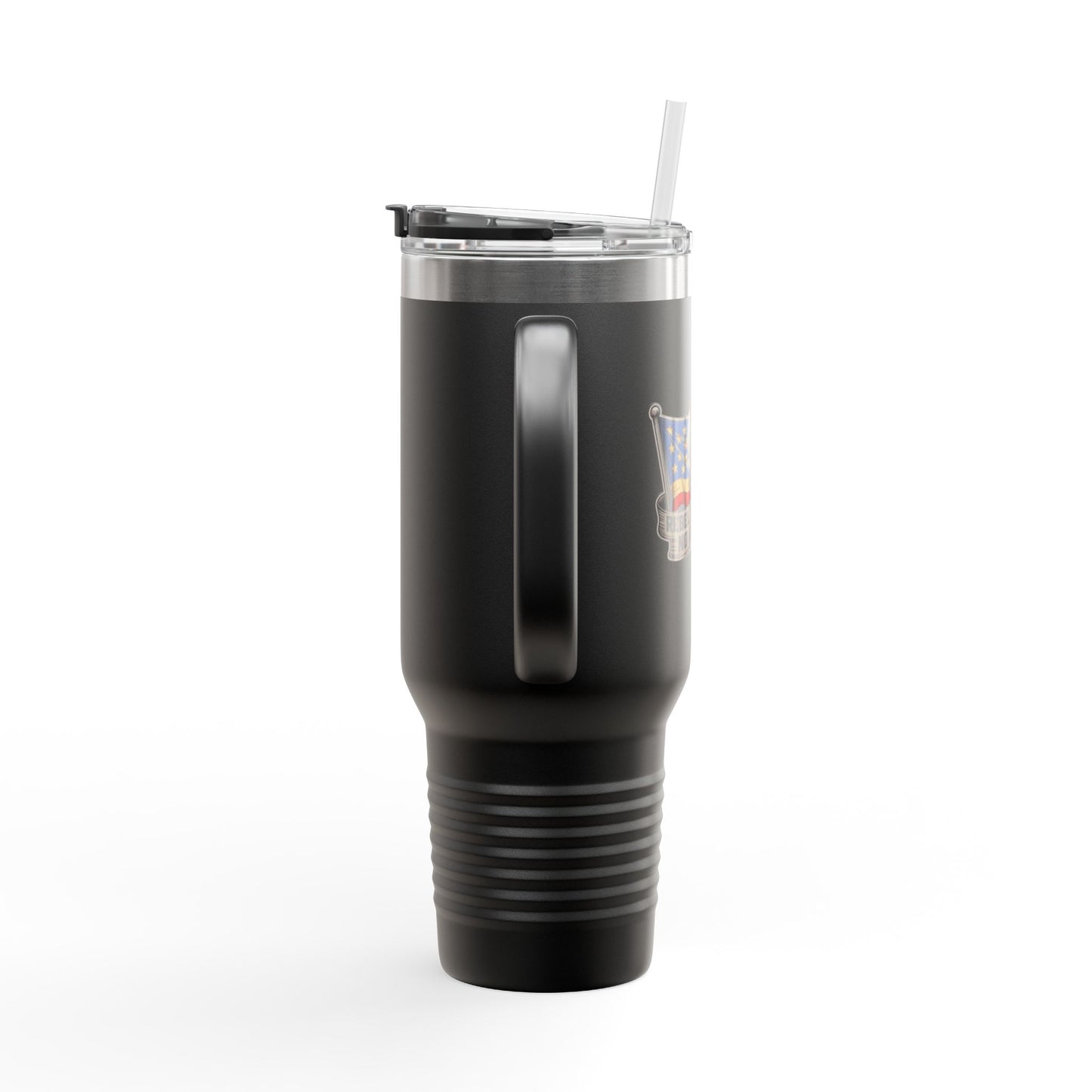 Black Confederate travel mug with handle and clear lid with straw for on-the-go use
