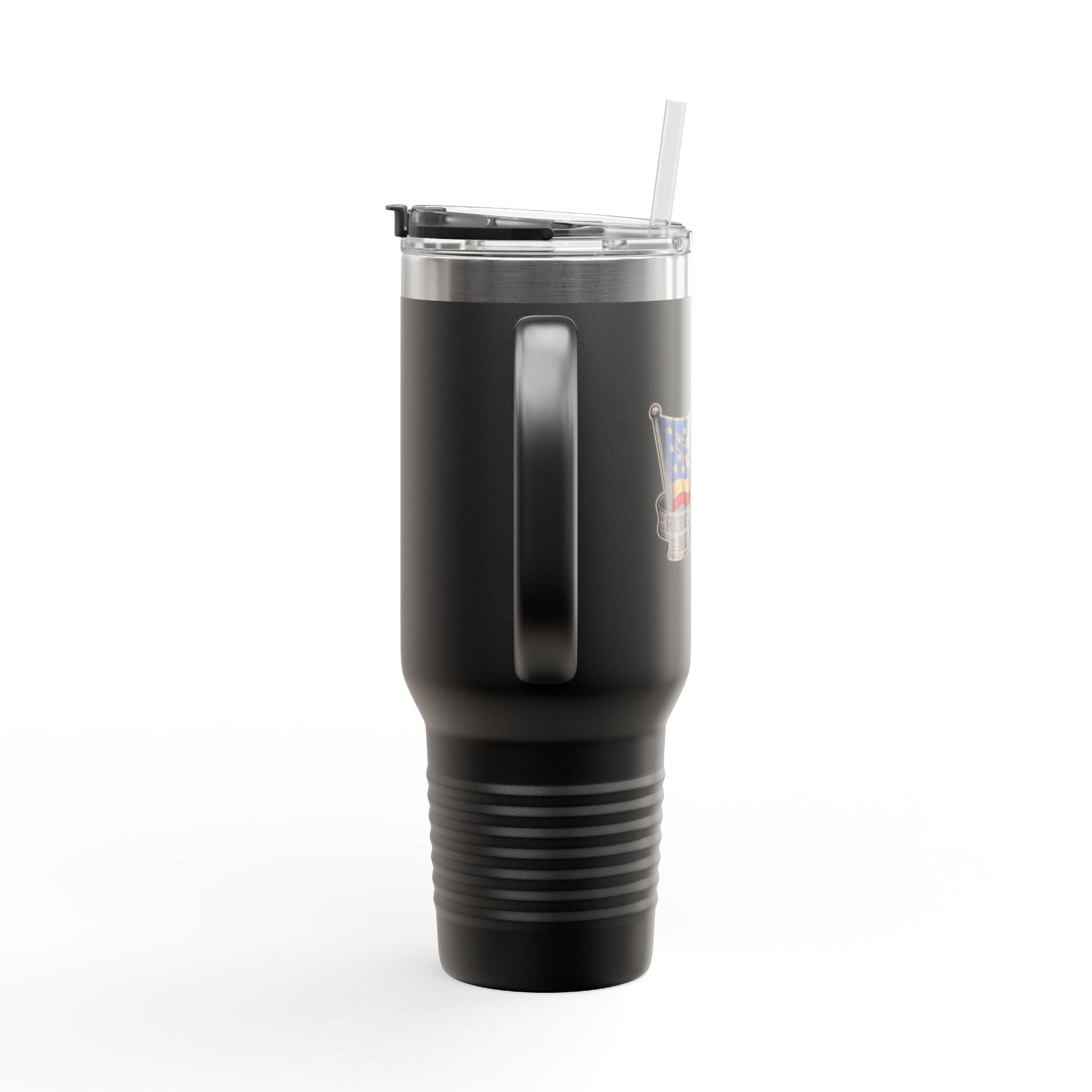 Black Confederate travel mug with handle and clear lid with straw for on-the-go use