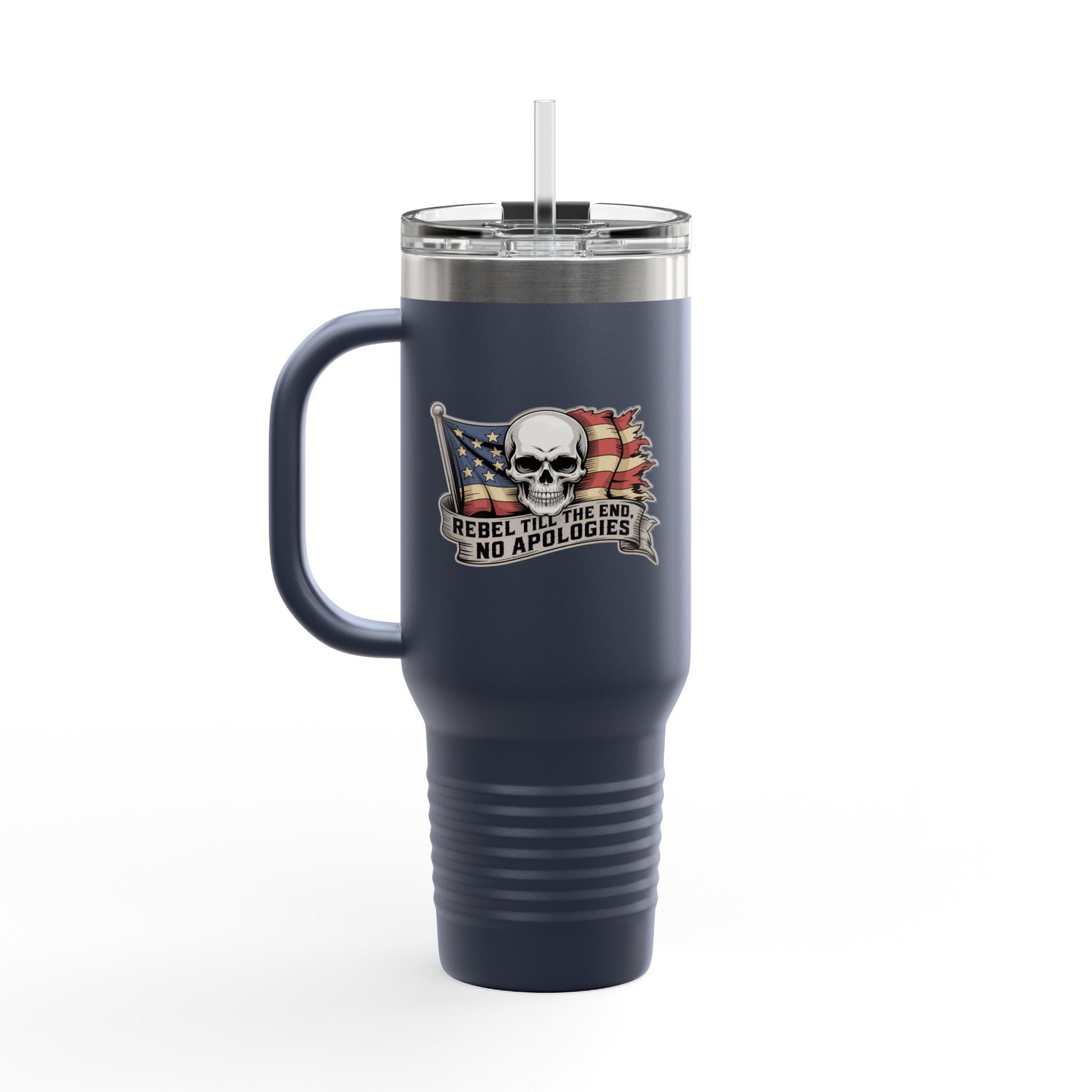 Confederate travel mug by in navy blue with skull and flag design and handle