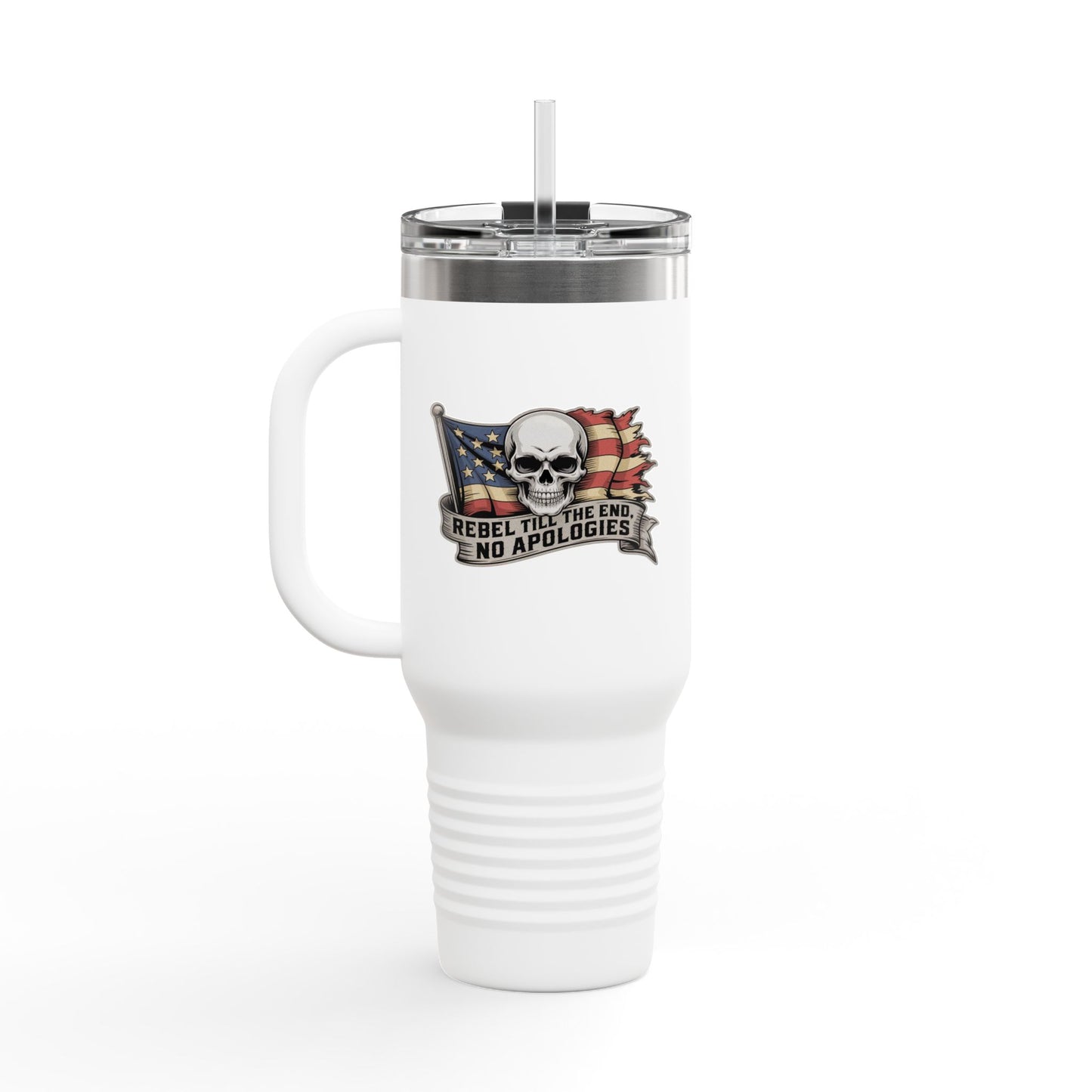 White mug with skull and Confederate flag design labeled Confederate travel mug