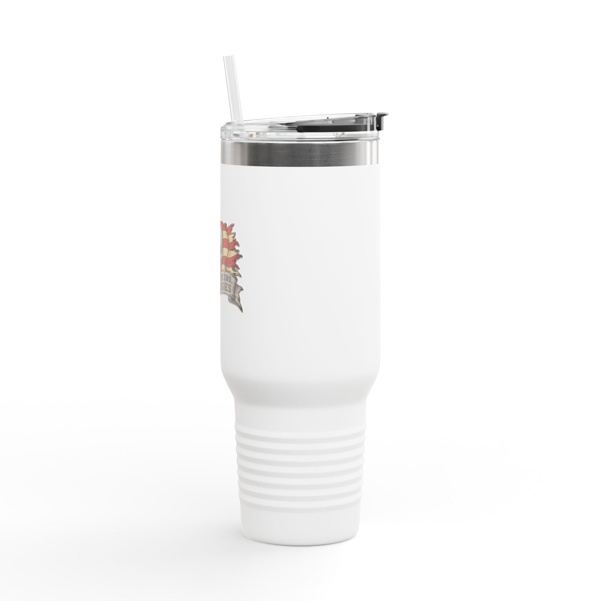 White Confederate travel mug with clear lid and straw printed 