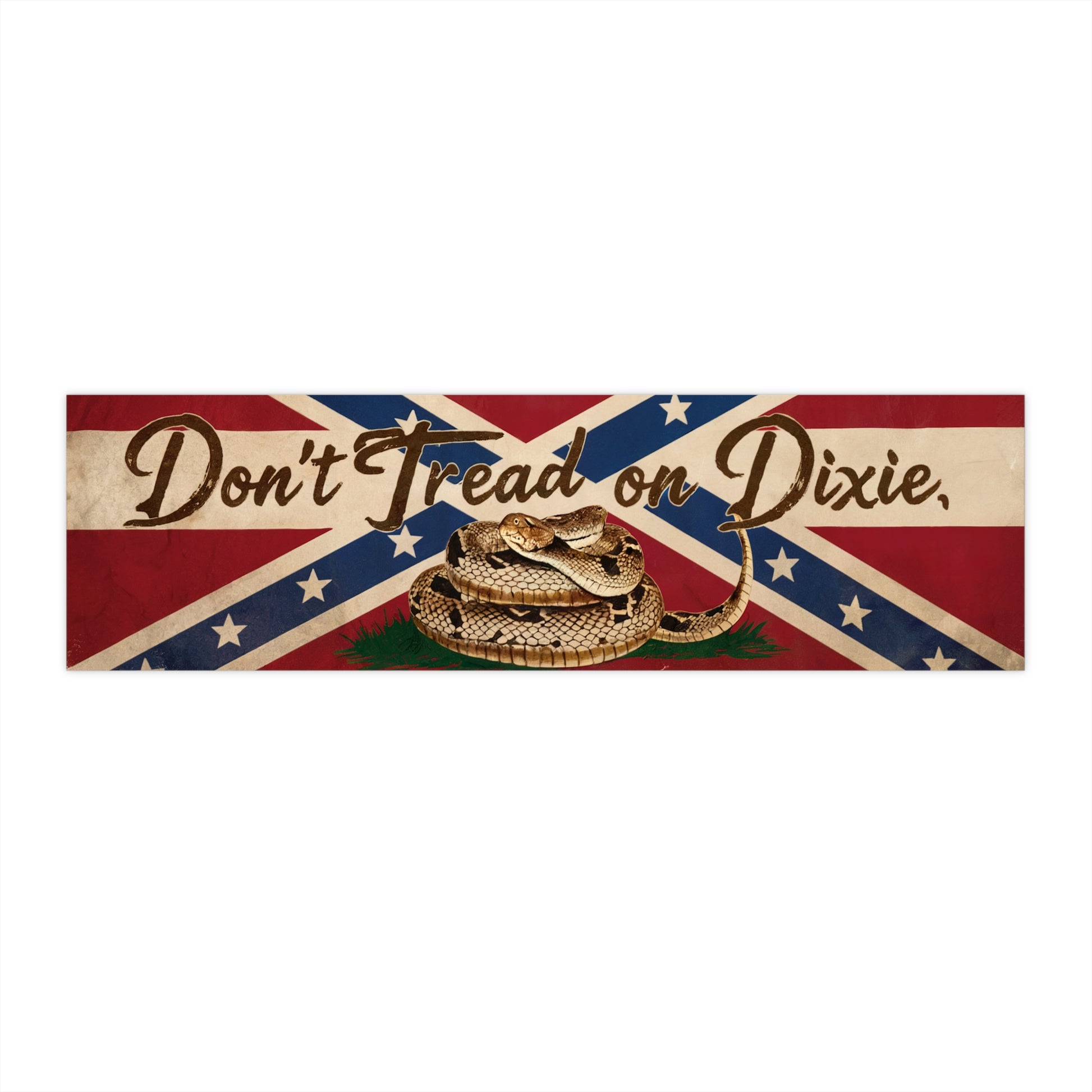 Don't Tread On Dixie bumper sticker featuring coiled rattlesnake over Confederate flag background