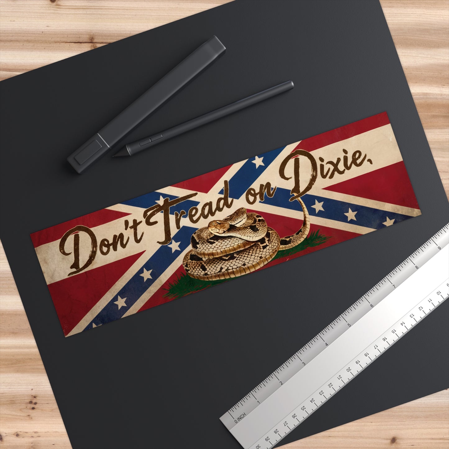 Don't Tread On Dixie bumper sticker featuring coiled rattlesnake on Confederate flag background