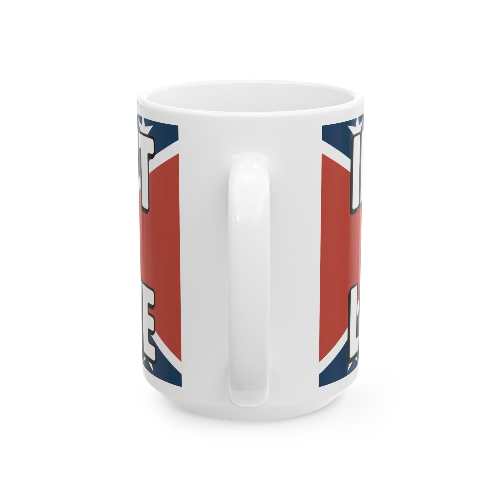 White coffee mug featuring a funny confederate flag mug design with bold text and handle