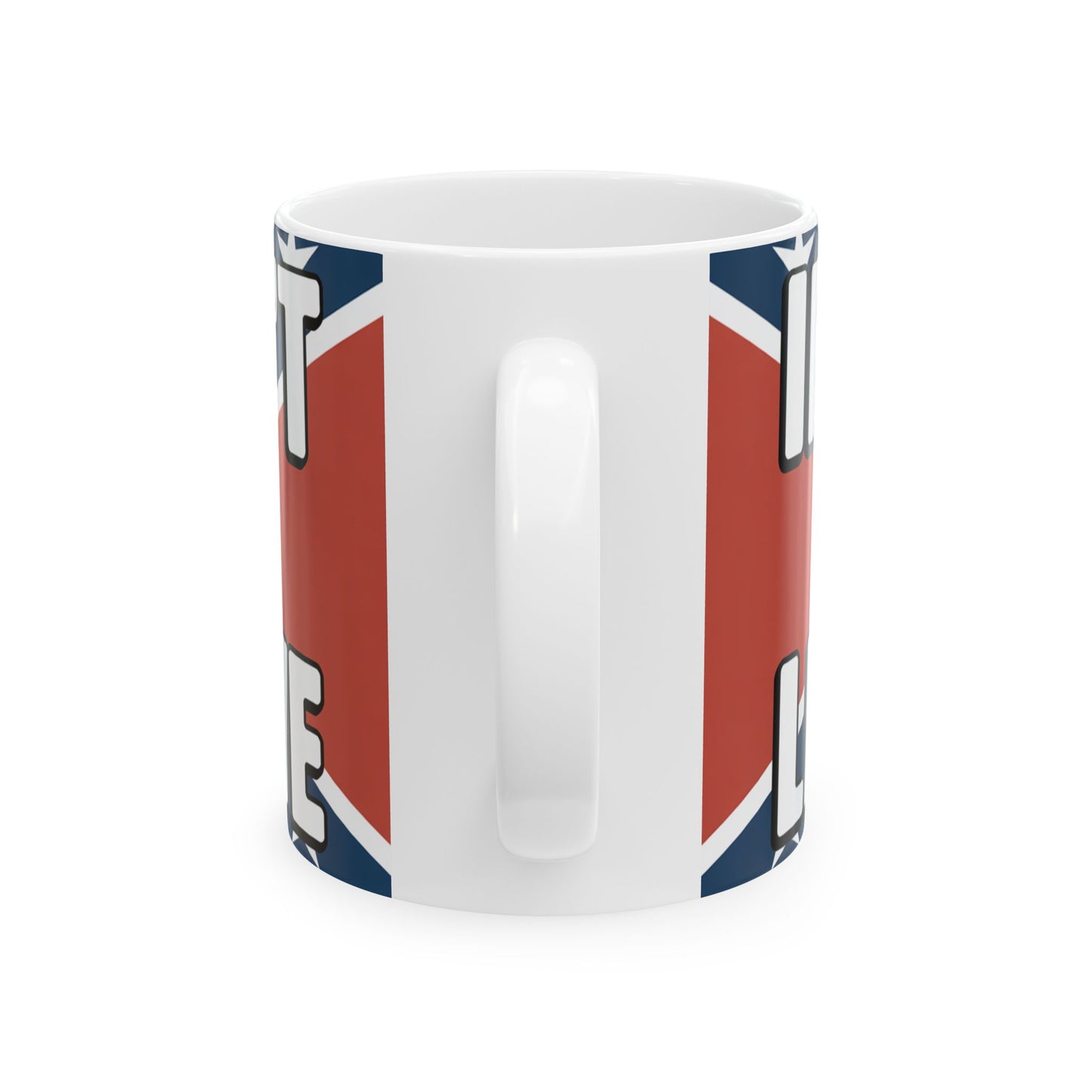 White ceramic funny confederate flag mug with handle and bold graphic design