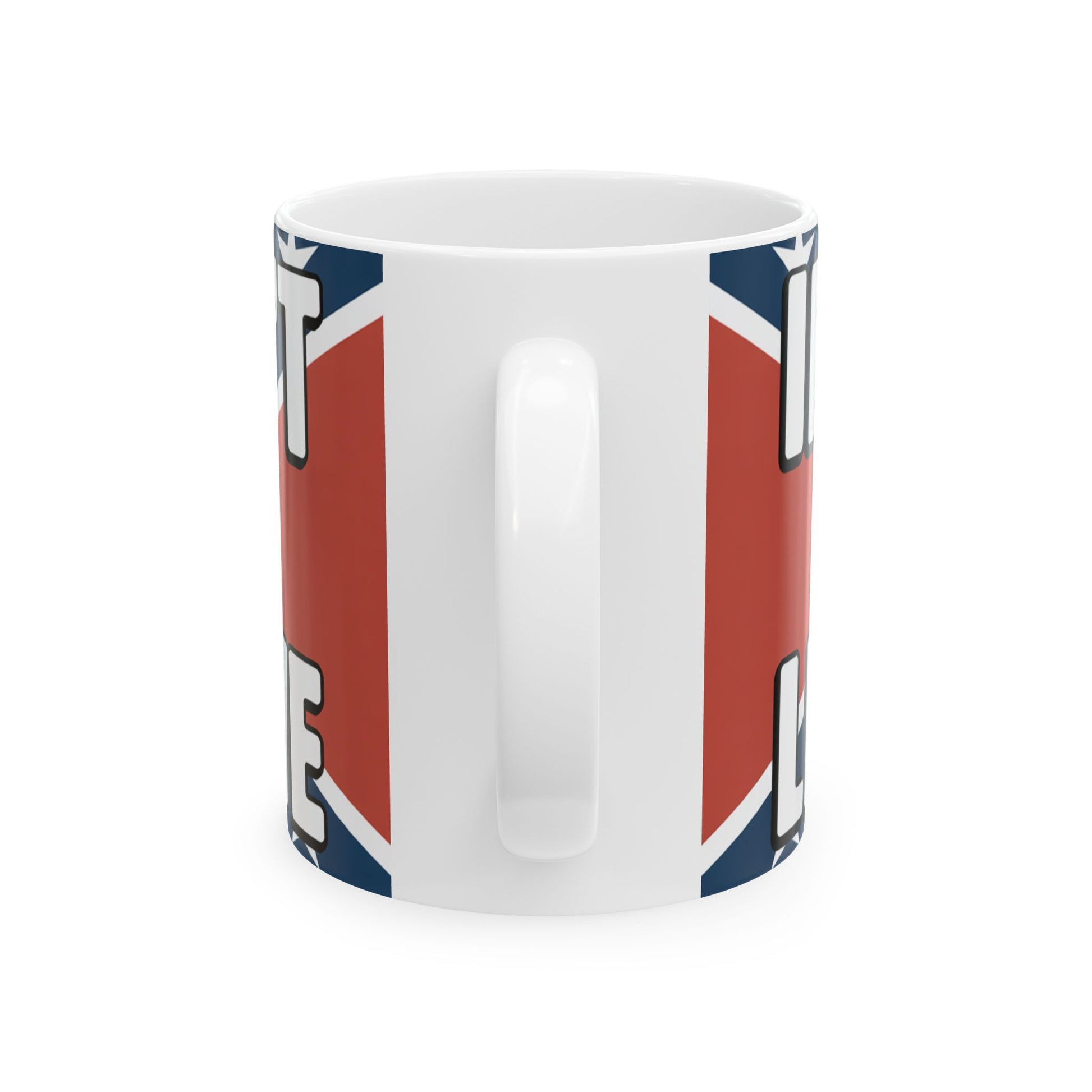White ceramic funny confederate flag mug with handle and bold graphic design