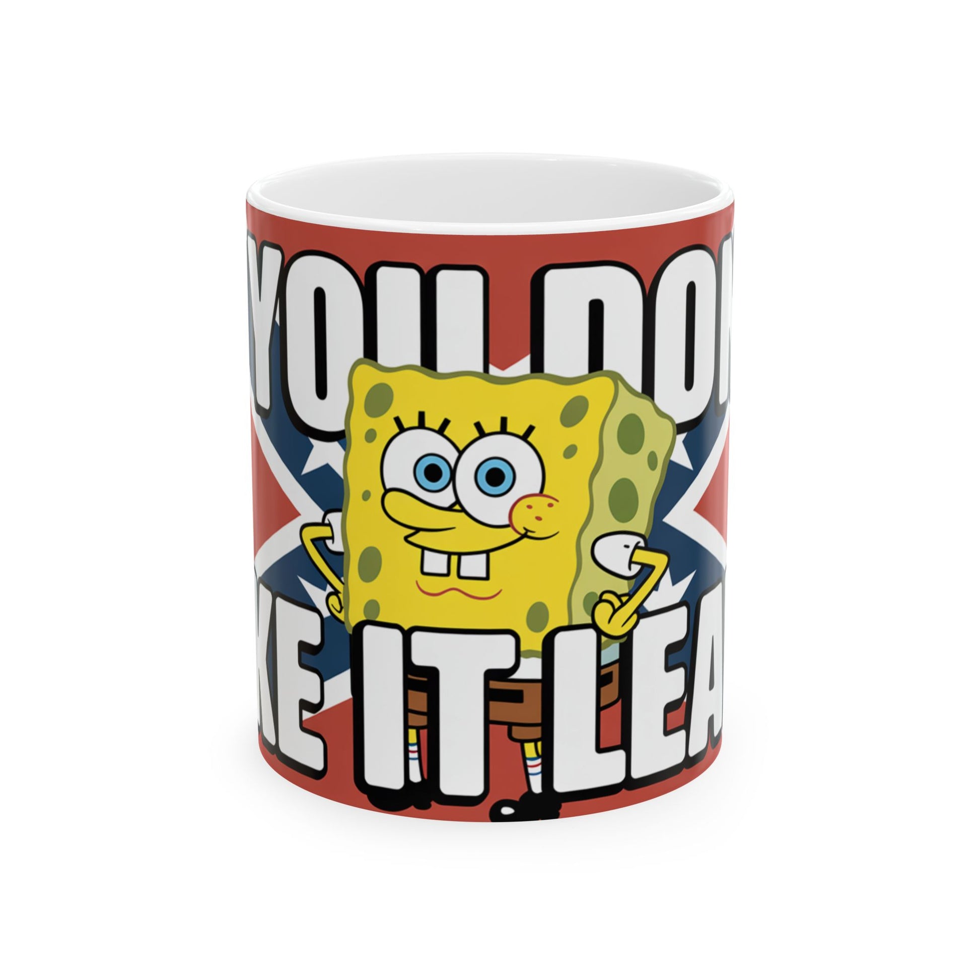 Funny confederate flag mug featuring SpongeBob SquarePants with bold text on a red background