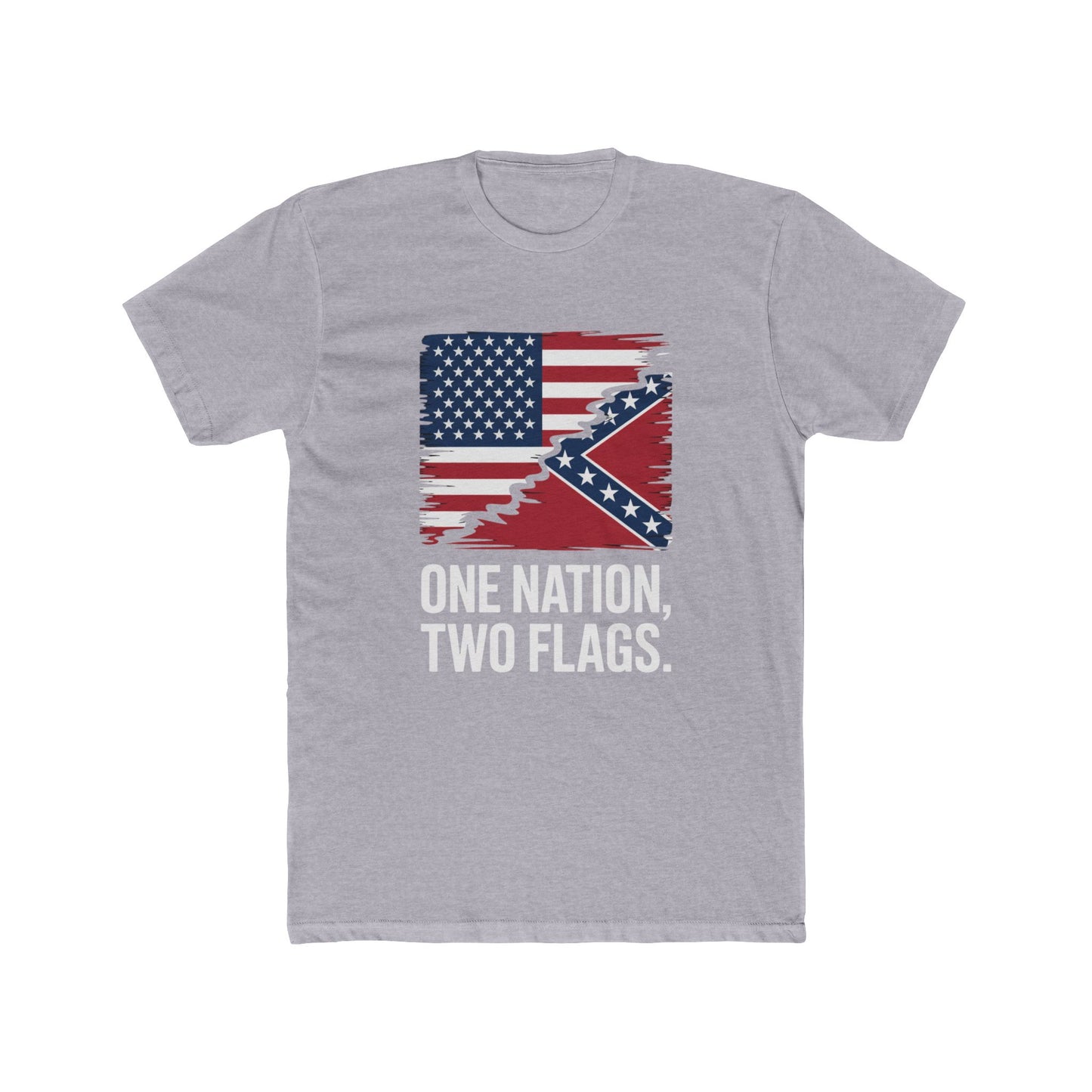 Gray one nation two flags t-shirt with blended American and Confederate flags graphic