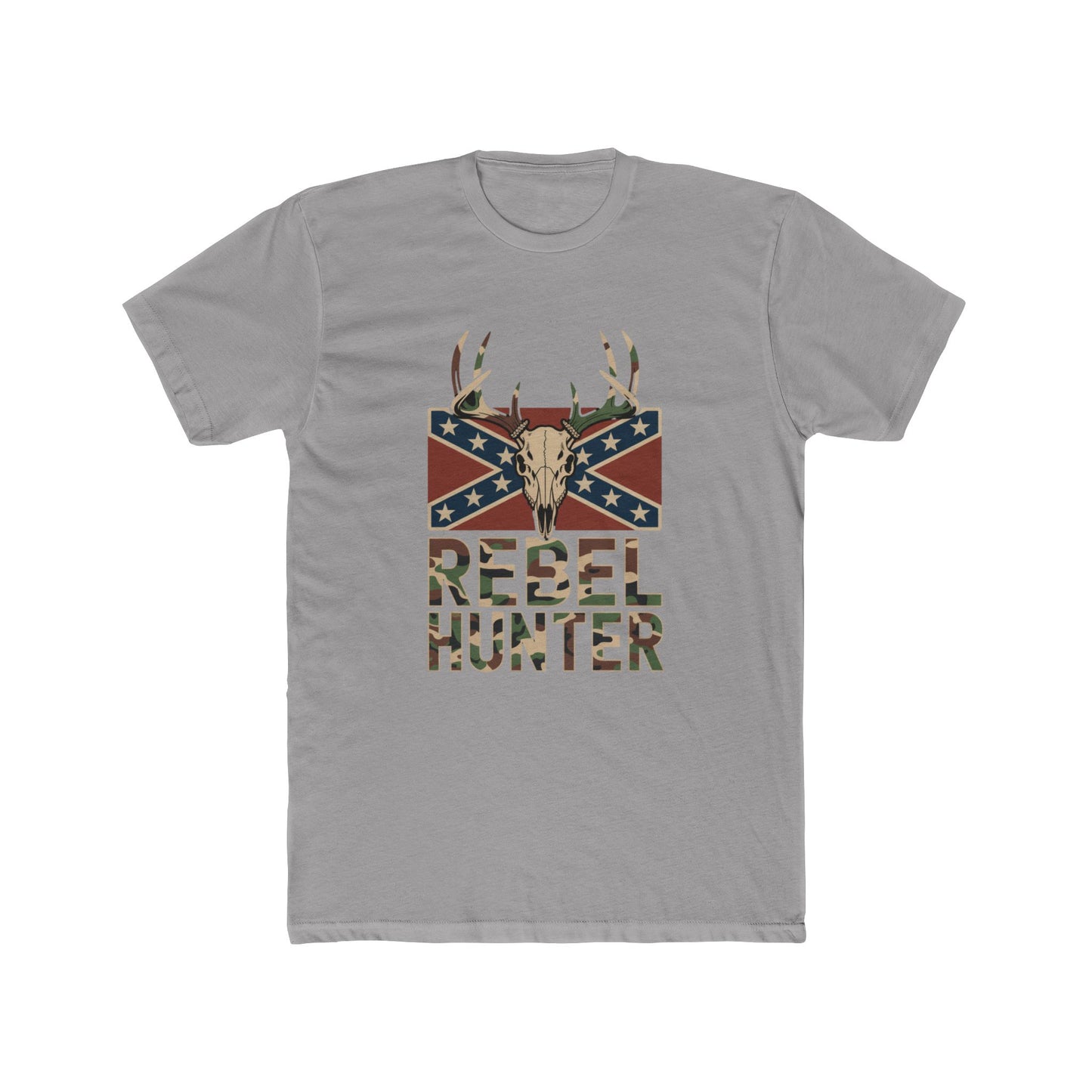 Gray rebel flag camo t-shirt with deer skull and antlers graphic and camo text print