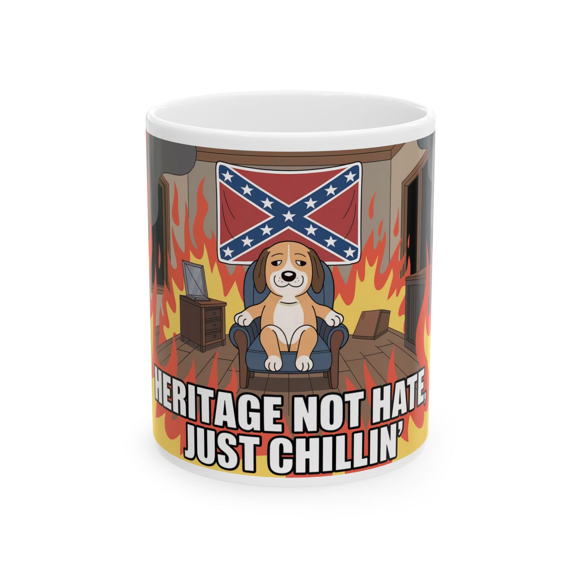 heritage not hate coffee mug featuring cartoon dog with confederate flag and flames background