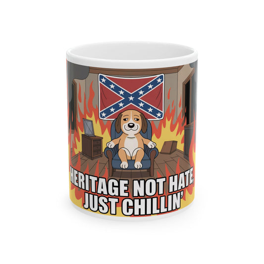 heritage not hate coffee mug featuring cartoon dog with confederate flag and flames background