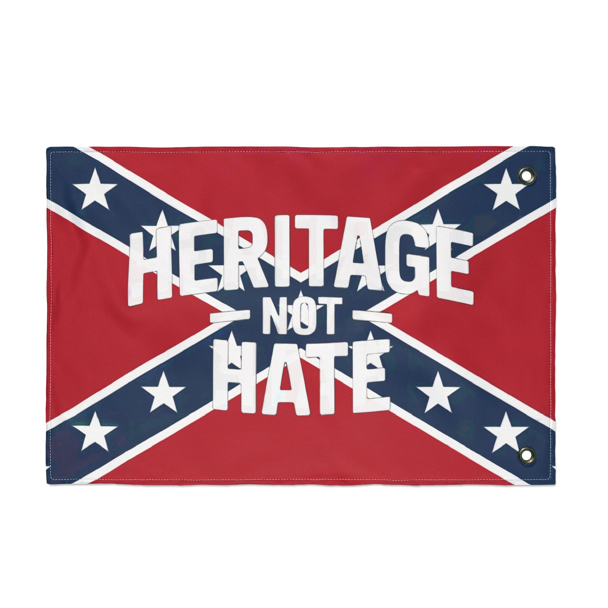 Heritage not hate flag with blue diagonal stars and bold white text on red background home decor