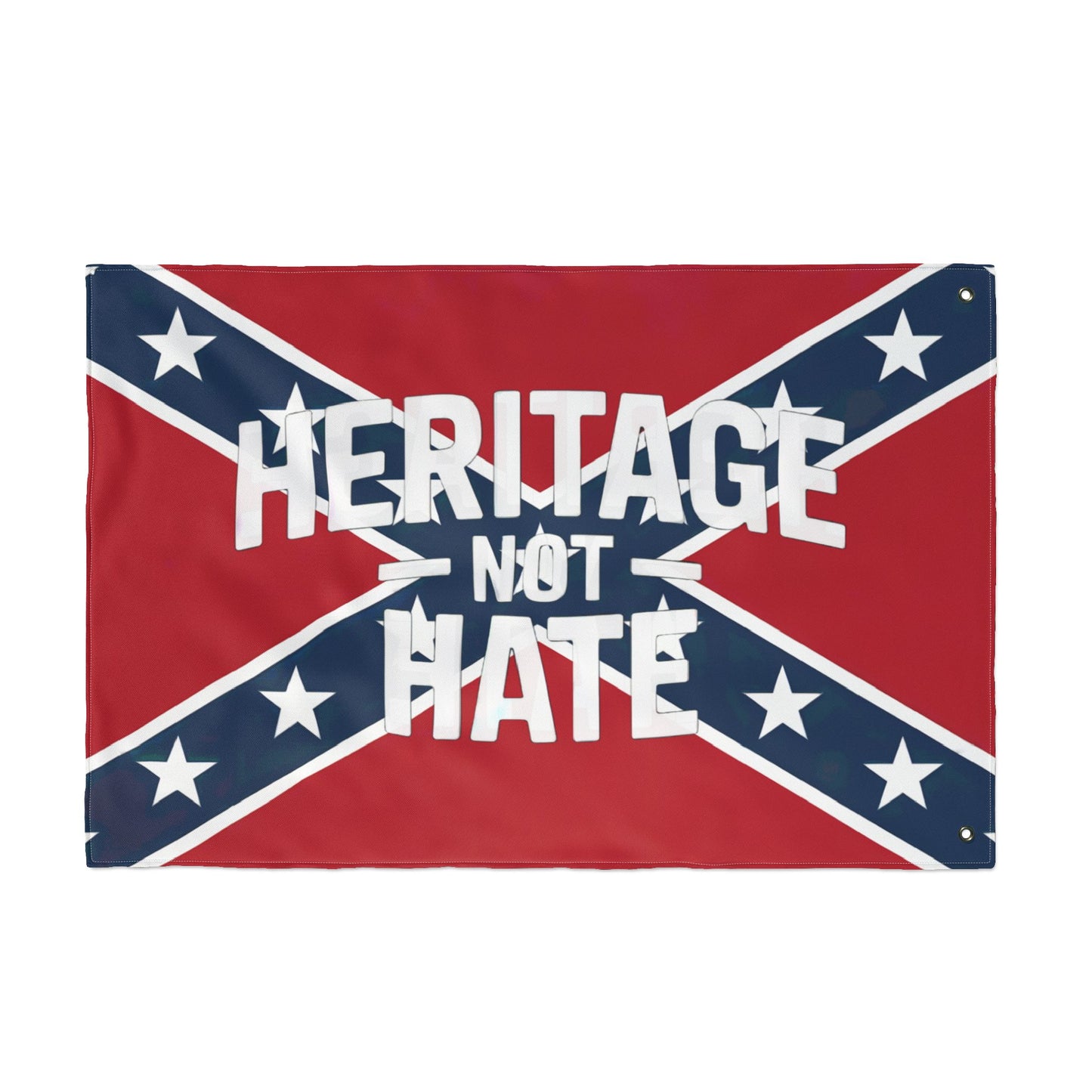 heritage not hate flag with red background and blue cross decorated with white stars