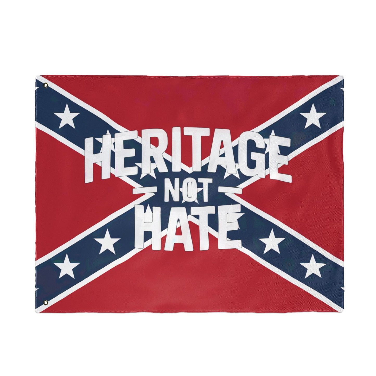 heritage not hate flag with bold white text on red background and navy blue stars design