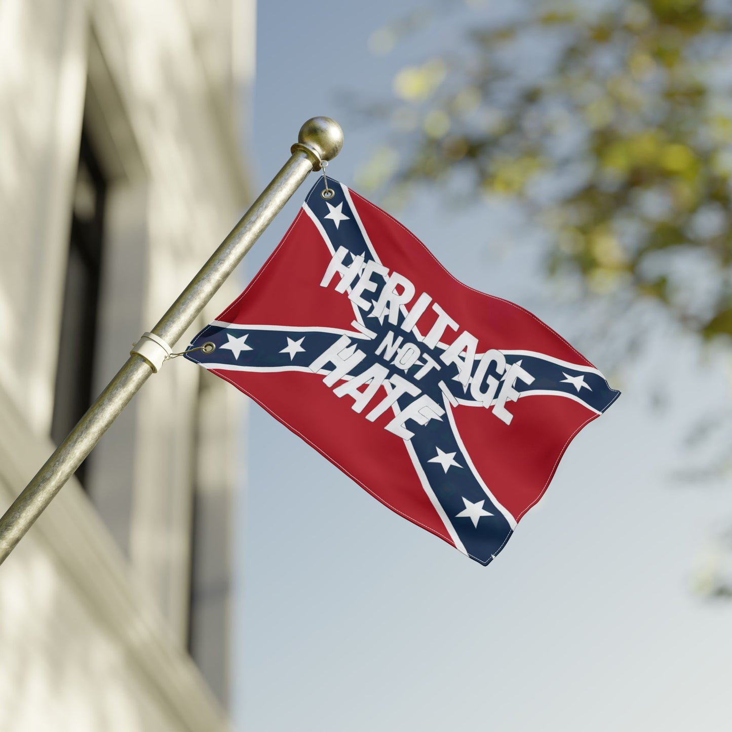 Heritage not hate flag waving on pole outside building for home decor by