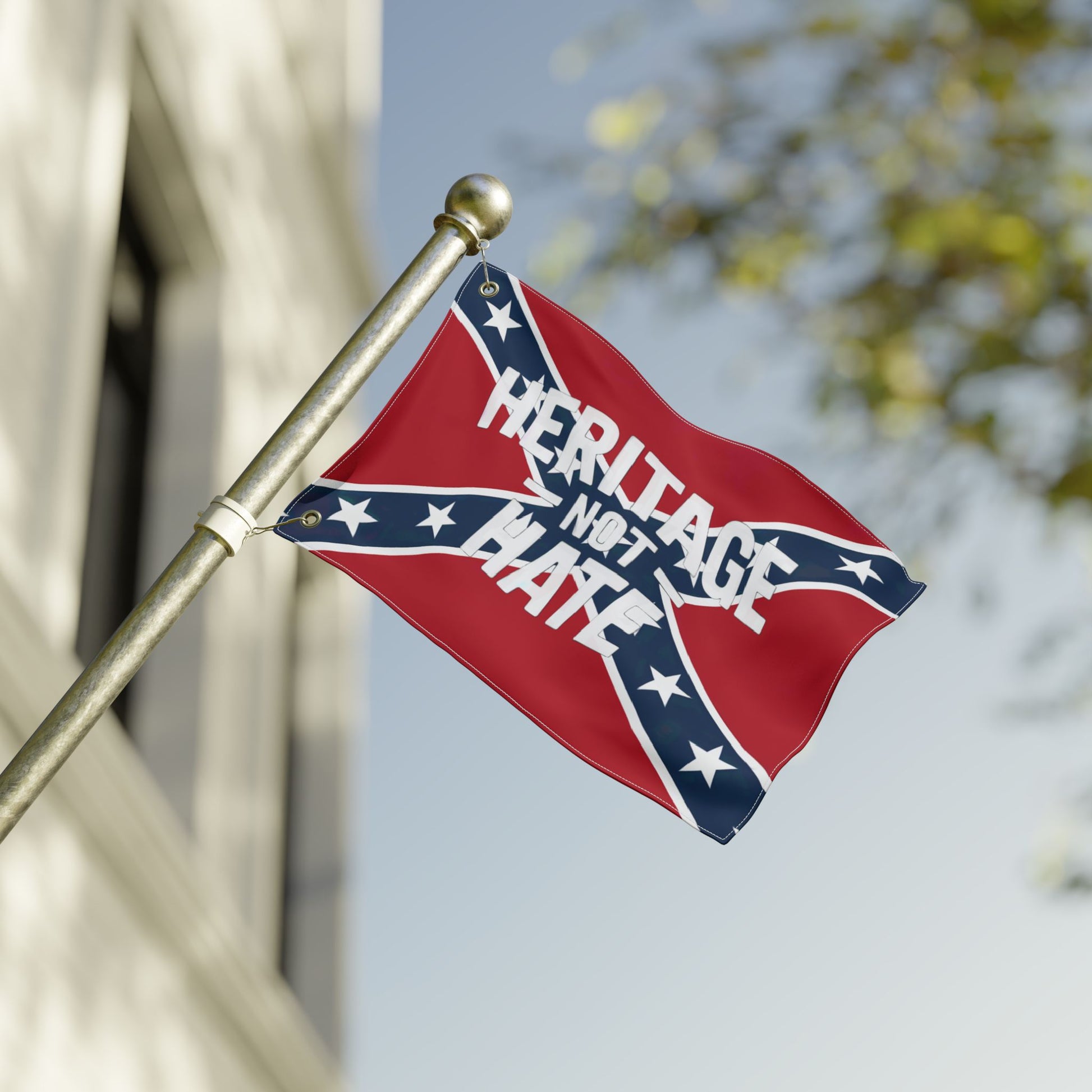 Heritage not hate flag waving on pole outside building for home decor by