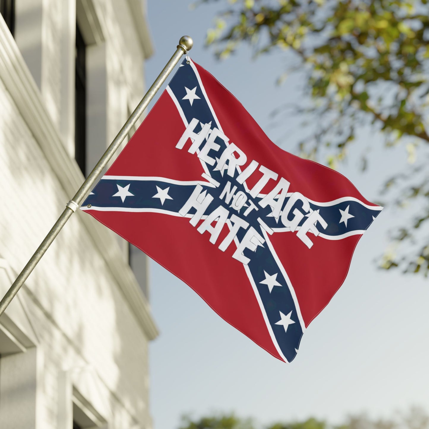Heritage not hate flag with Confederate design flying outside a house home decor