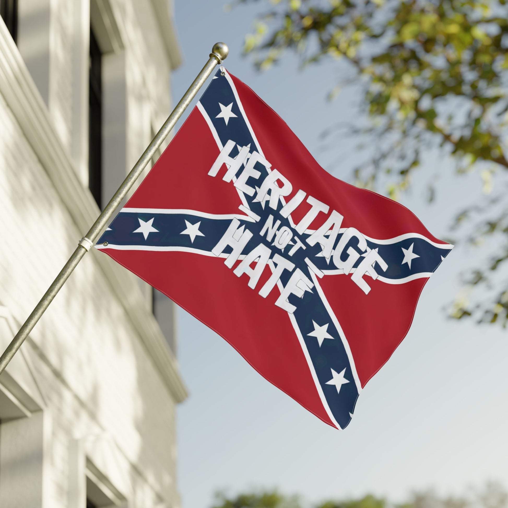 Heritage not hate flag with Confederate design flying outside a house home decor