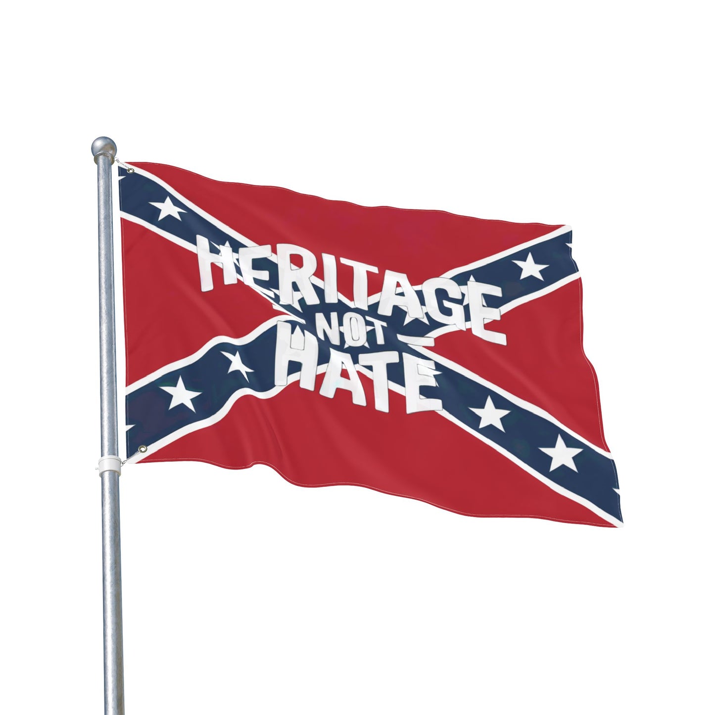 Heritage not hate flag with Confederate design printed on a waving red flag mounted on a metal pole