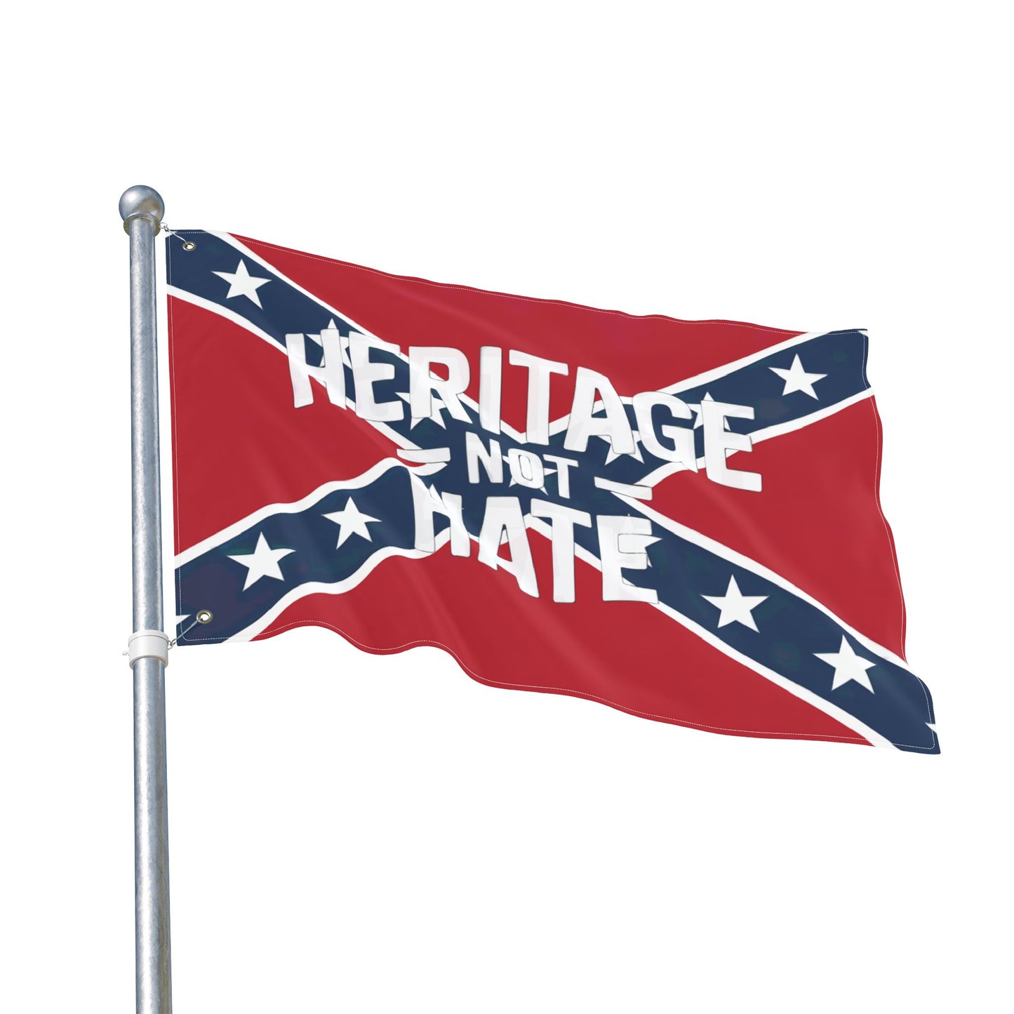 Heritage not hate flag with a red background and blue crossed stripes displayed on a metal flagpole