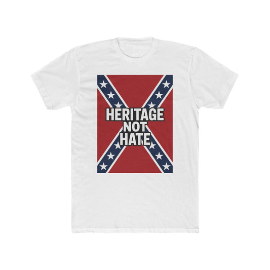 White heritage not hate t-shirt with red and blue confederate flag design and bold text print