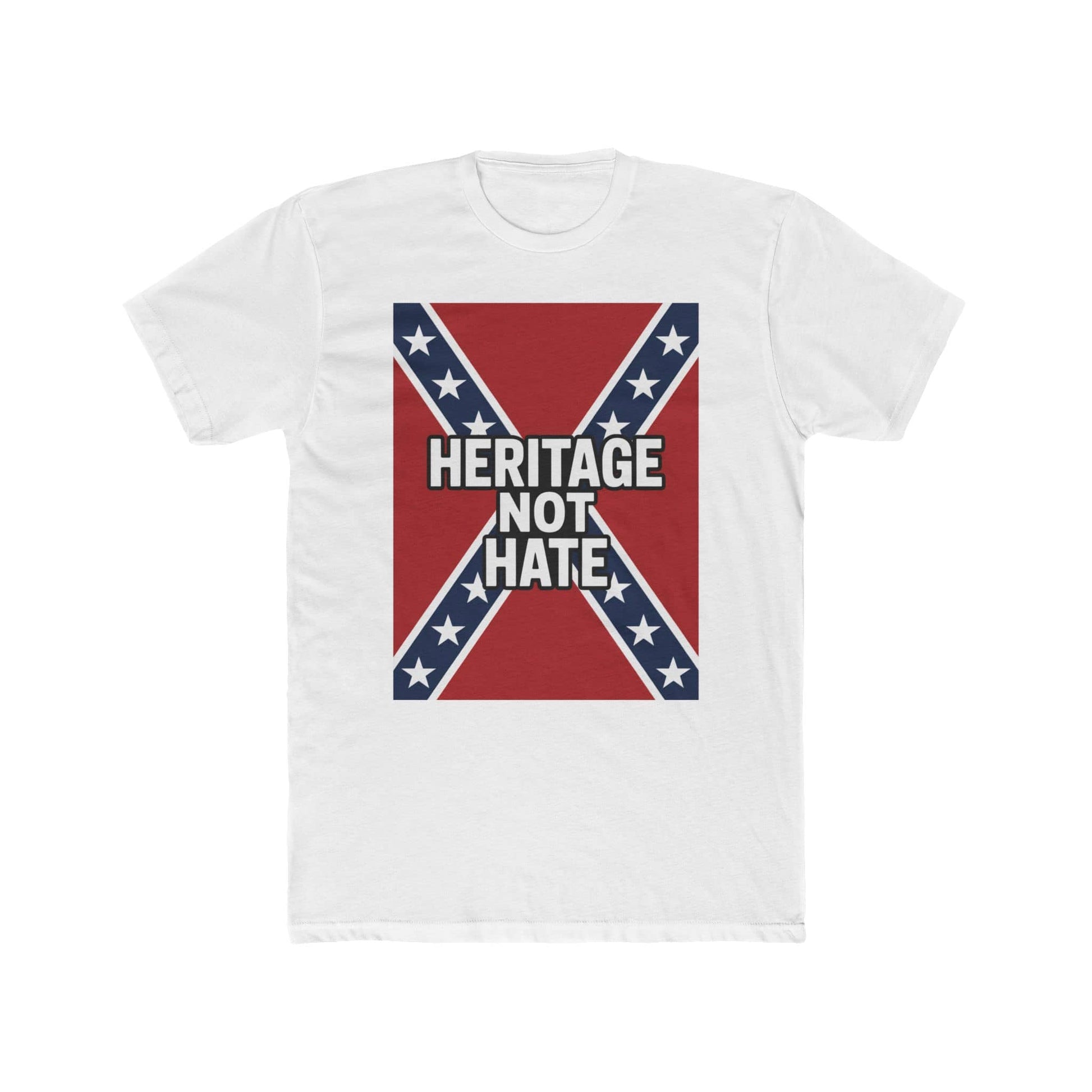White t-shirt with heritage not hate t-shirt message over red and blue crossed star design