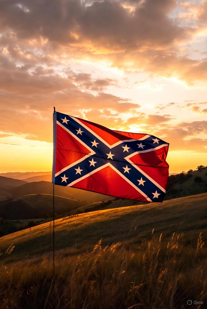 Confederate battle flag waving over Tennessee hills at golden sunset – American-made 3x5 Rebel flag for sale