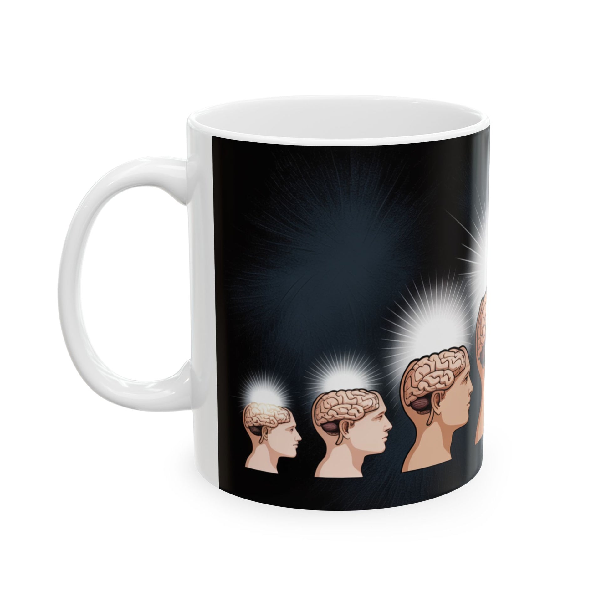 Inspirational brain power coffee mug with growing brain illustrations on black background