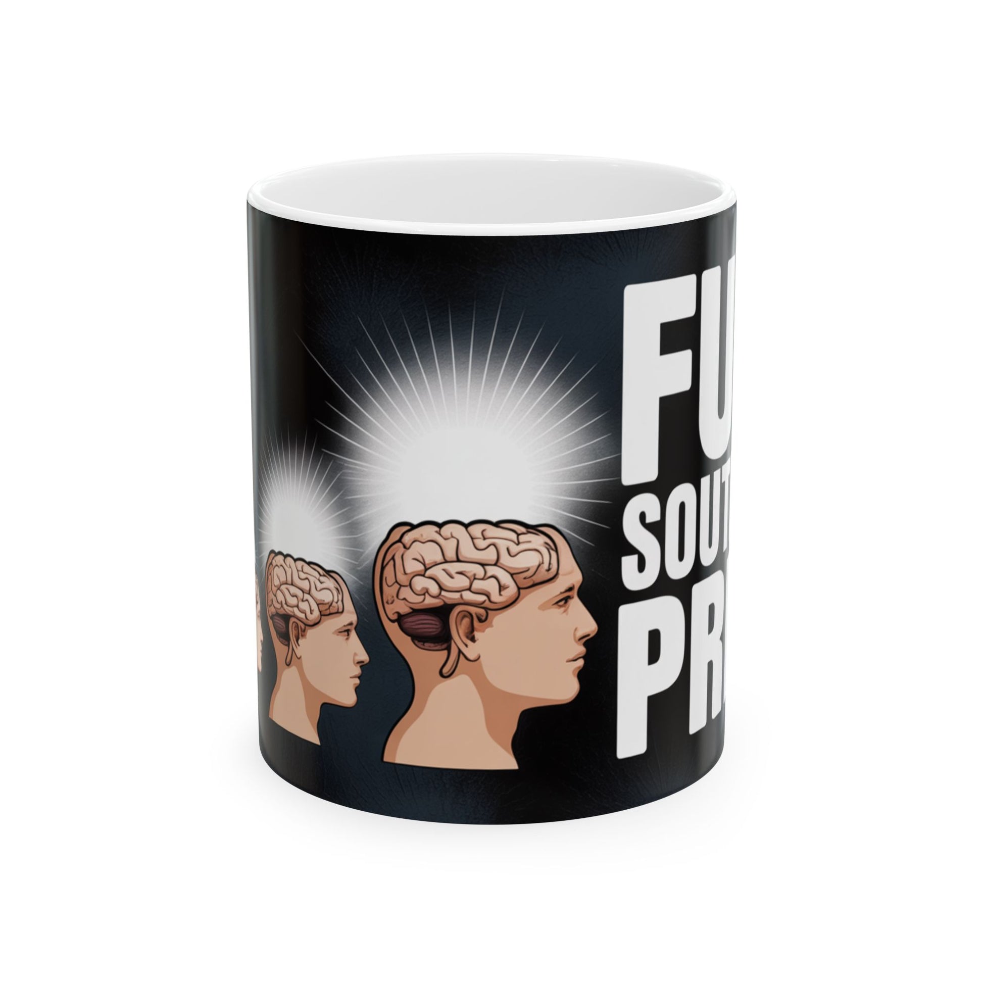Inspirational brain power coffee mug with graphic of heads showing brain and glowing light on black background