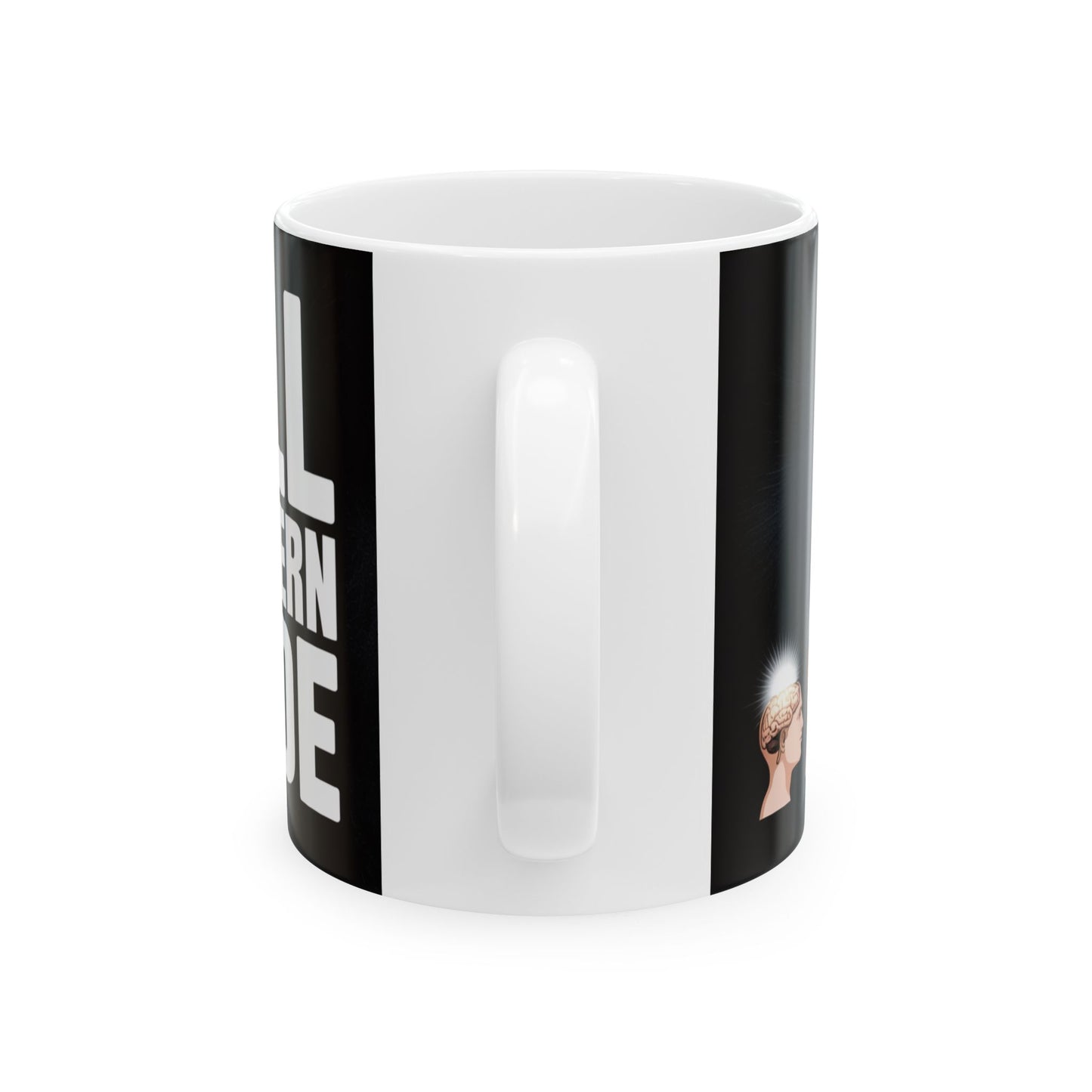 White inspirational brain power coffee mug with black and white design and brain graphic