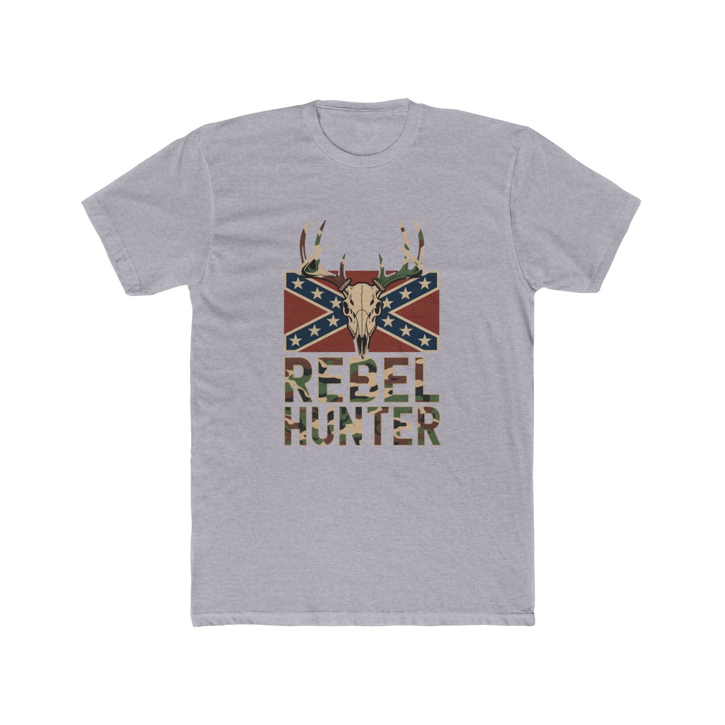 rebel flag camo t-shirt with deer skull and camouflage text on light gray fabric