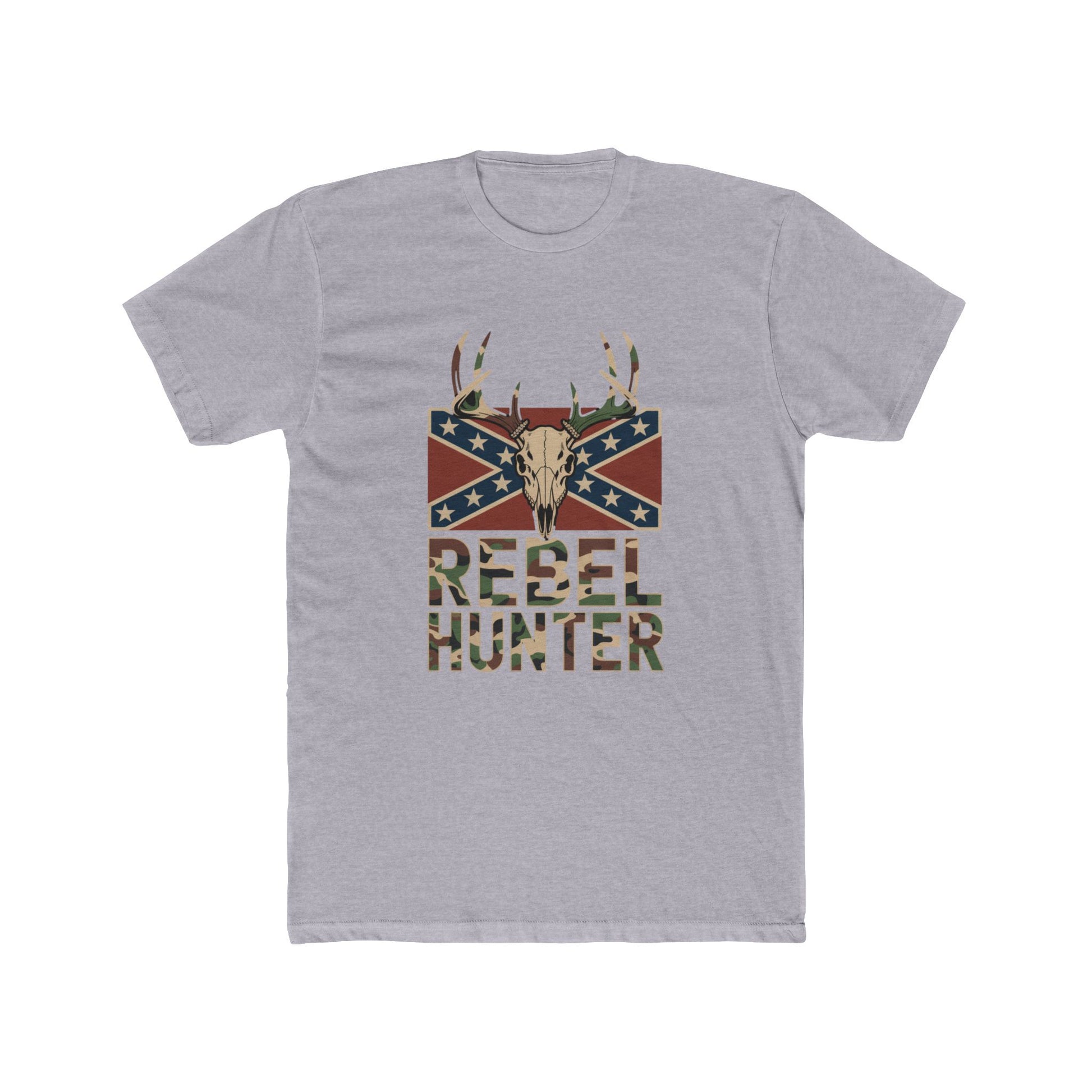 rebel flag camo t-shirt with deer skull and camouflage text on light gray fabric
