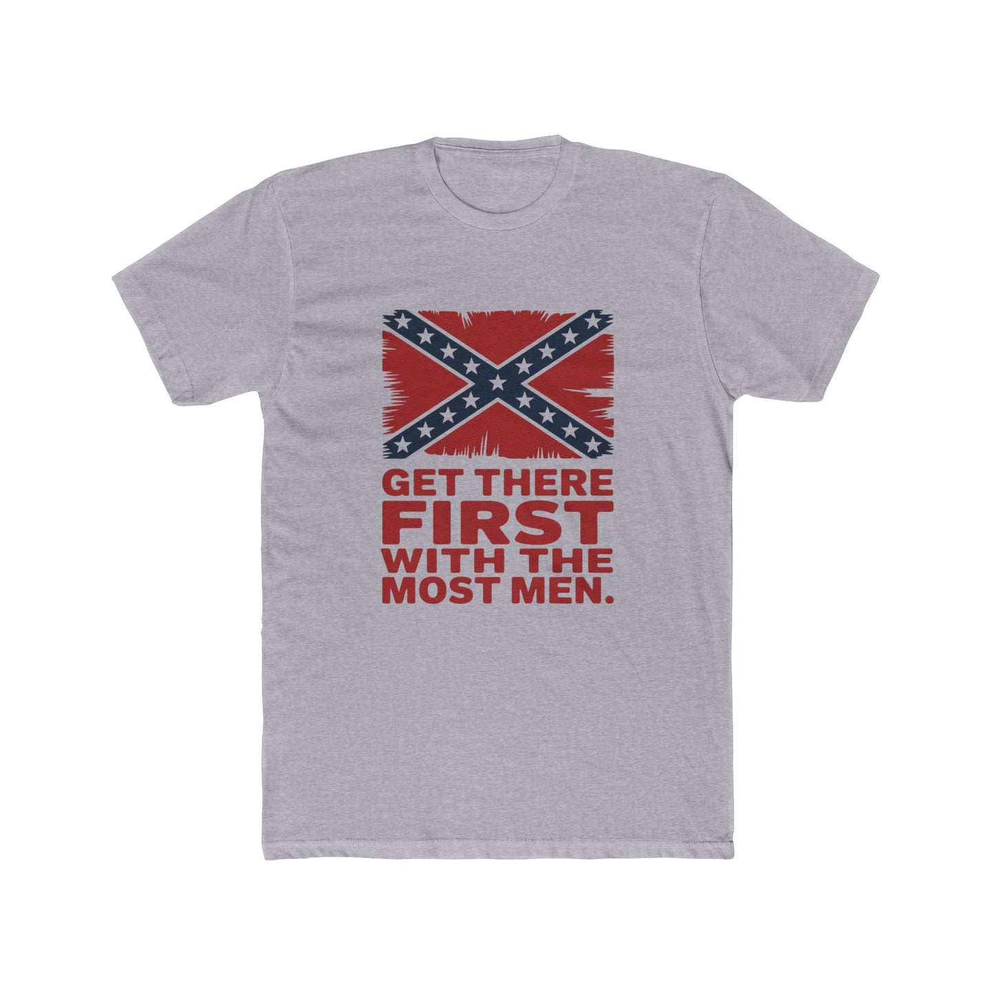 Gray Nathan Bedford Forrest t-shirt with Confederate flag and bold red text saying Get there first with the most men