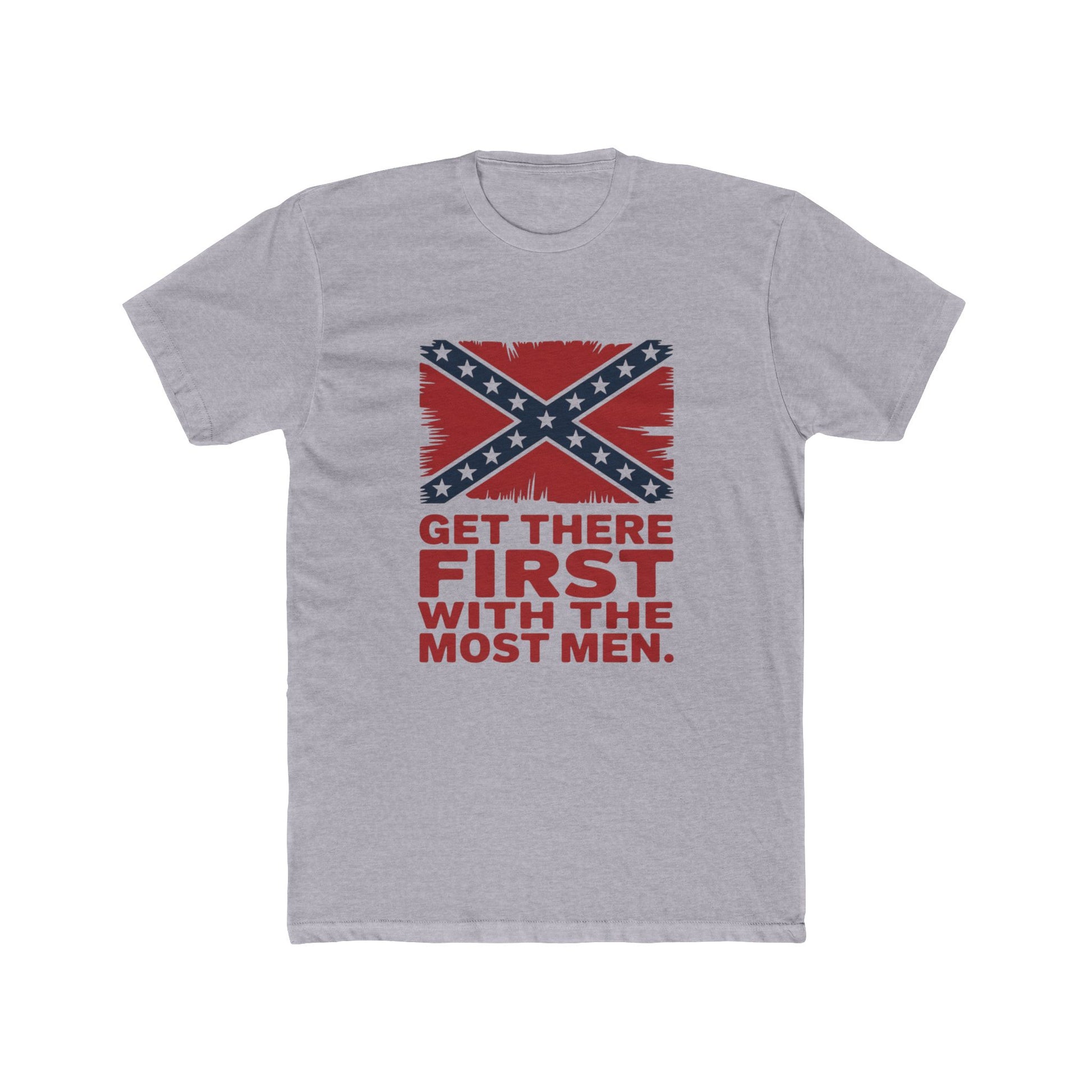 Gray Nathan Bedford Forrest t-shirt with Confederate flag and bold red text saying Get there first with the most men