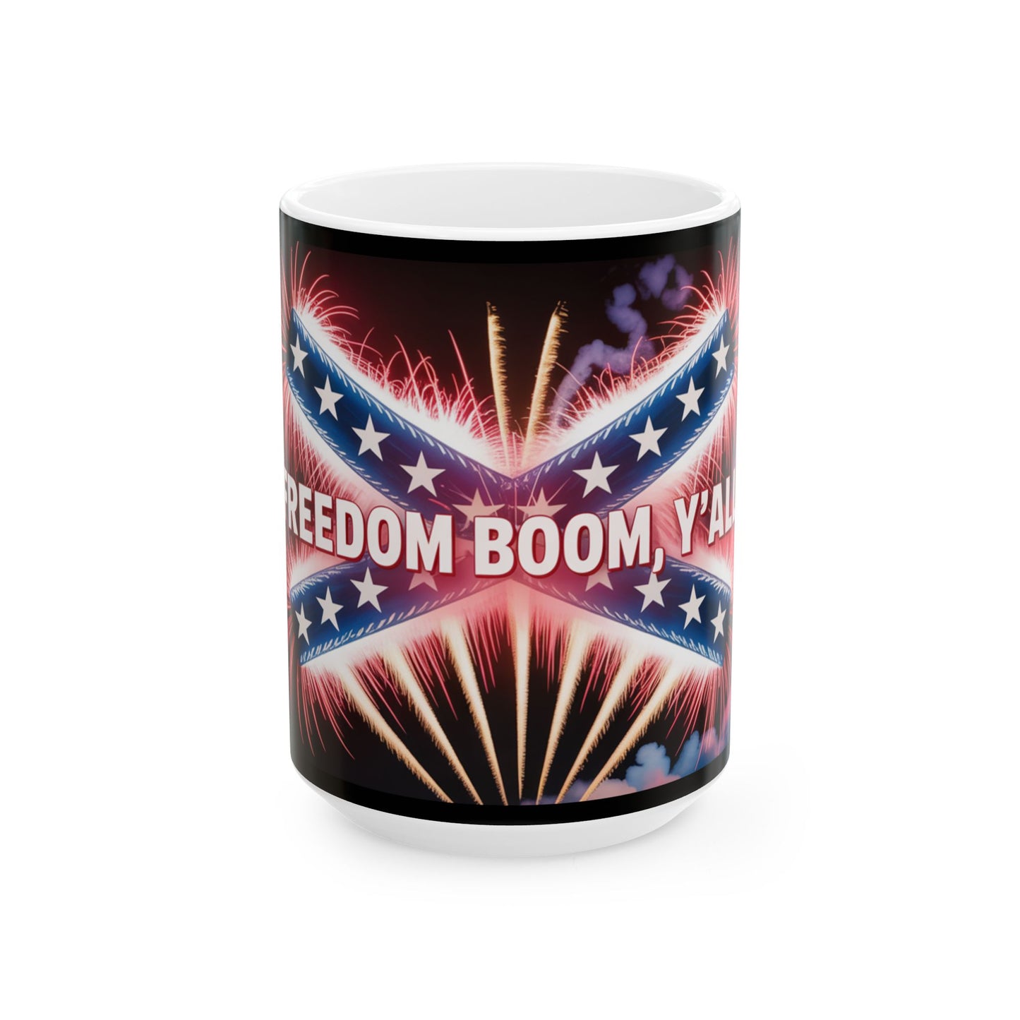Patriotic confederate flag mug with fireworks and Freedom Boom Y'all text design
