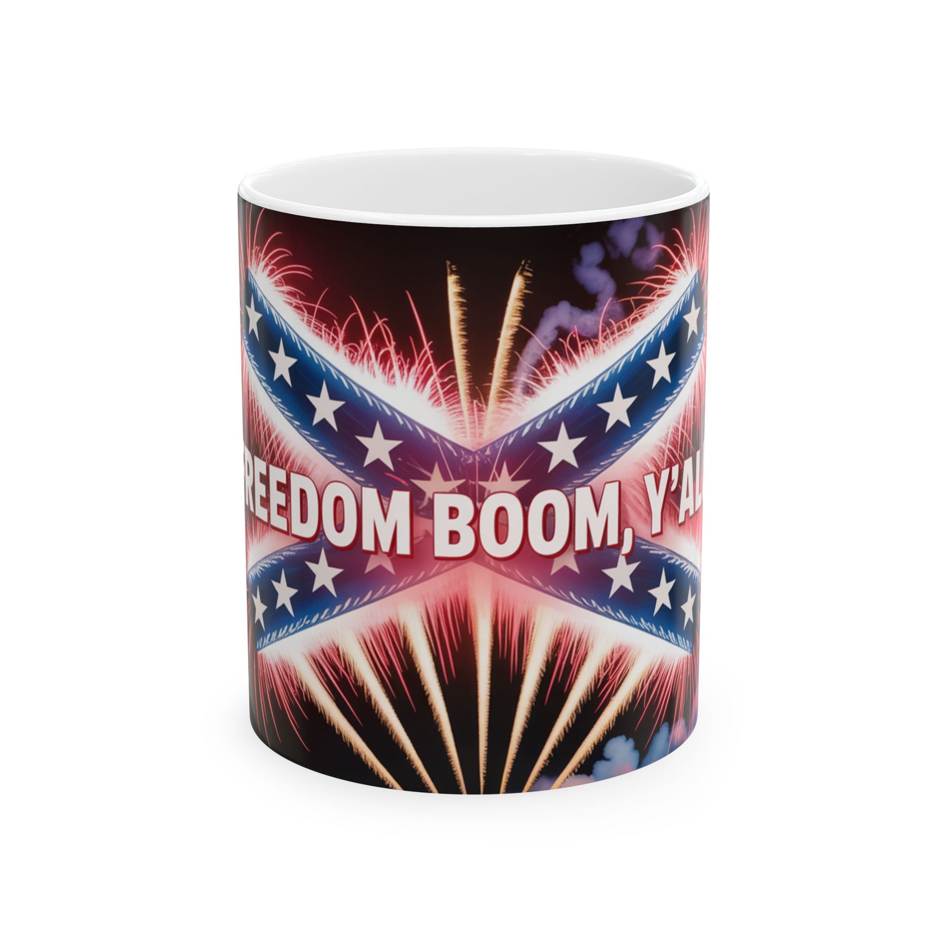 Patriotic confederate flag mug with fireworks and bold Freedom Boom Y'all text