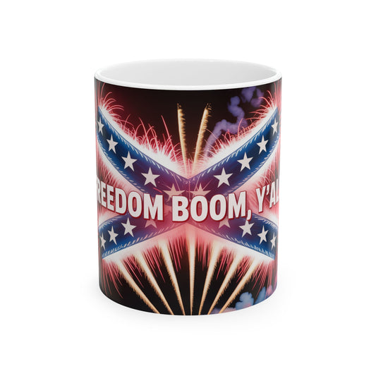 Patriotic confederate flag mug with fireworks and bold Freedom Boom Y'all text