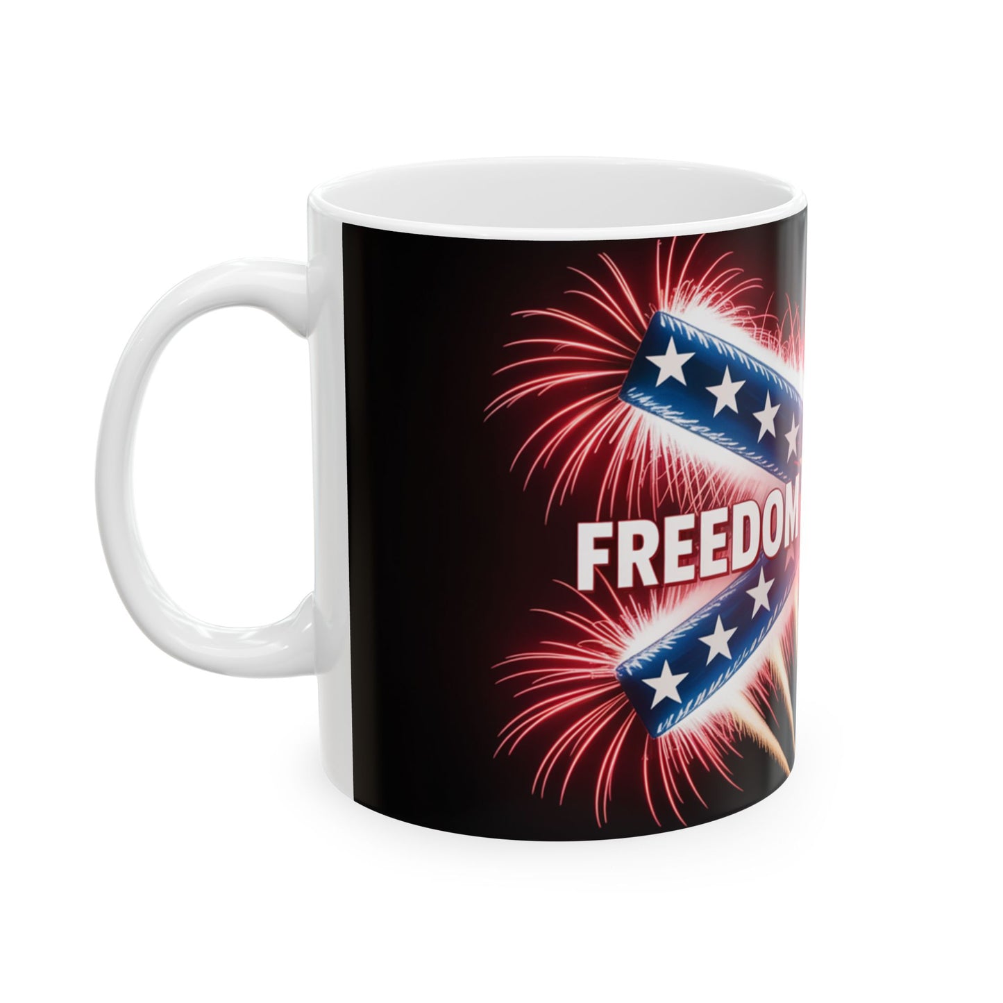 White patriotic confederate flag mug with fireworks and freedom text design