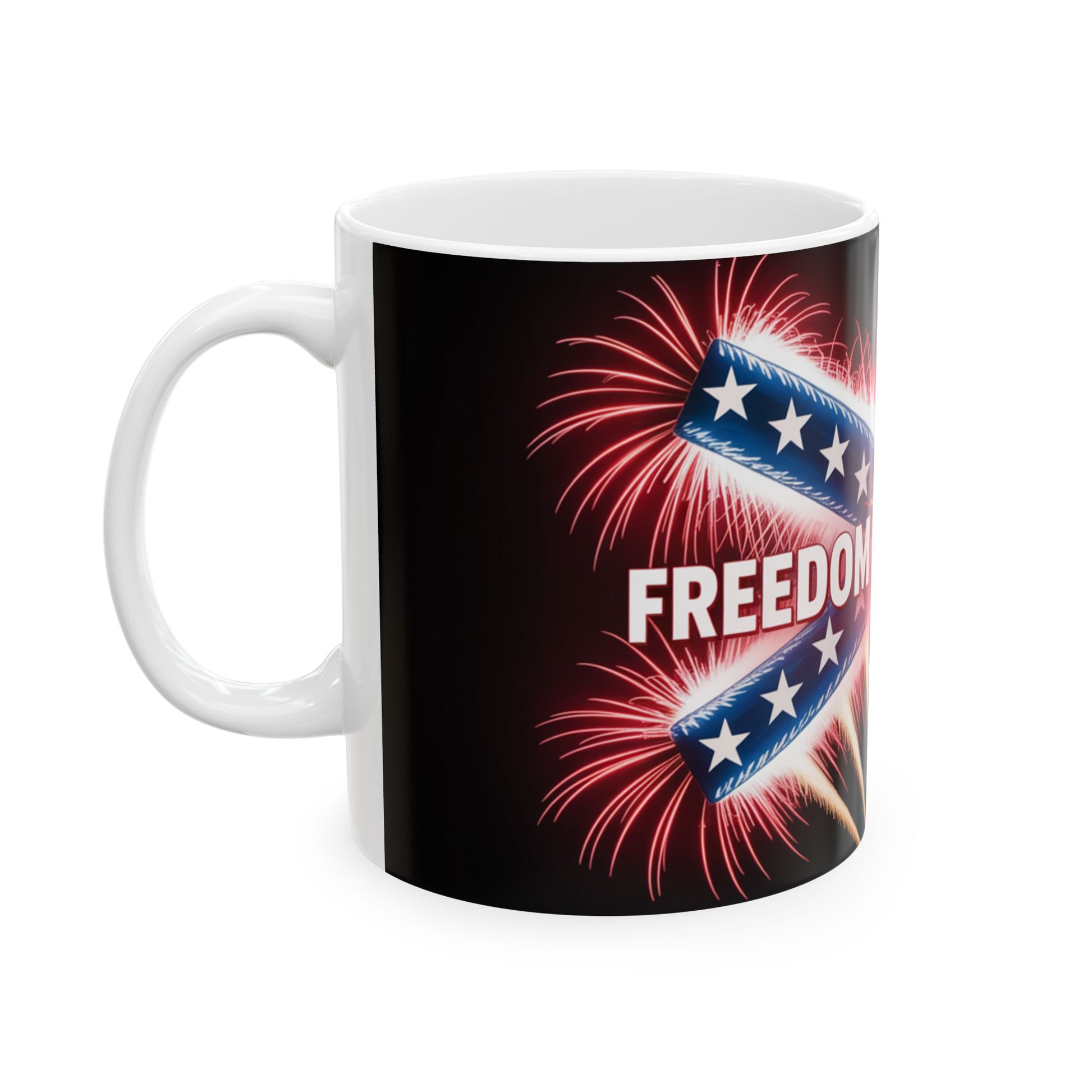 White patriotic confederate flag mug with fireworks and freedom text design