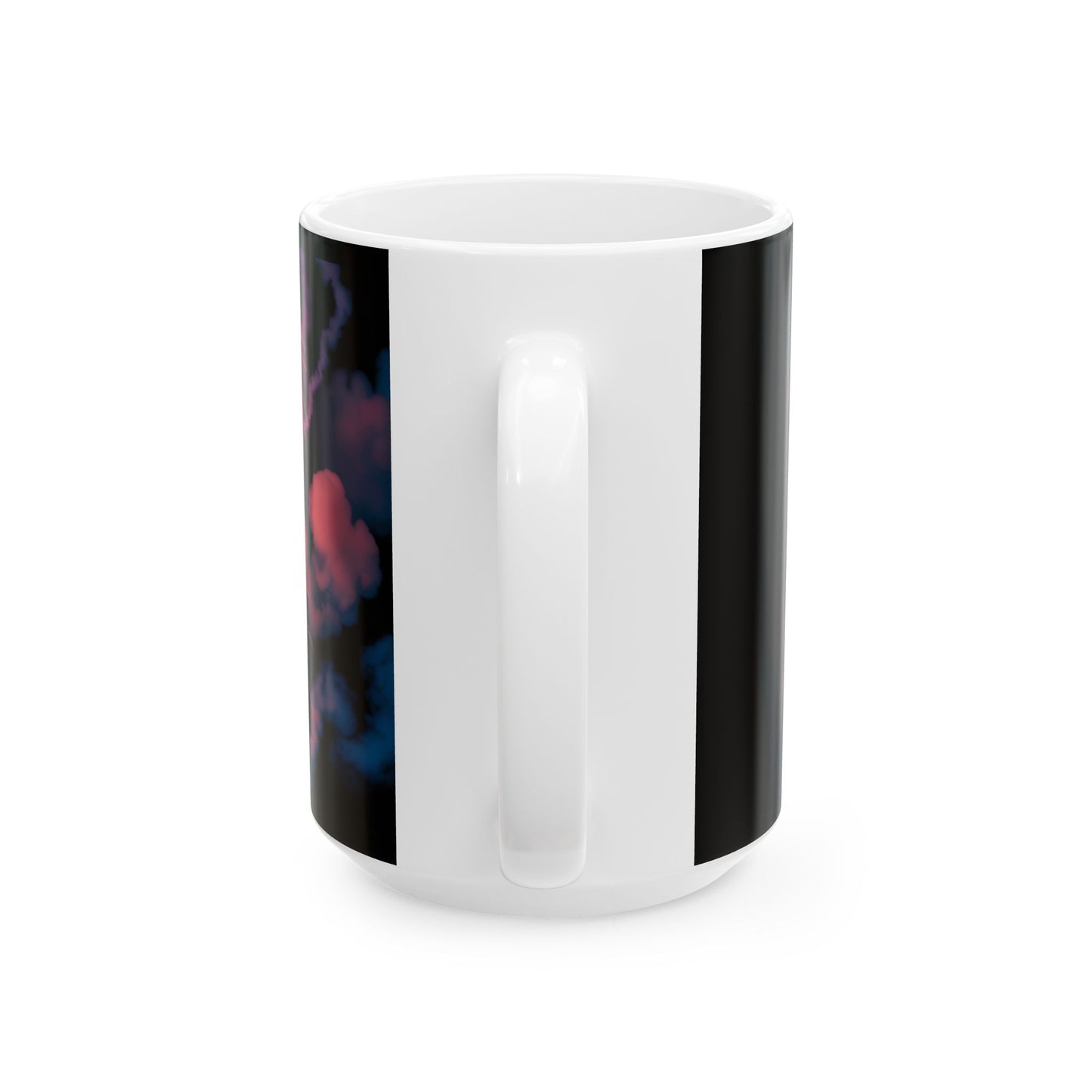 White ceramic patriotic confederate flag mug showing handle and partial flag design on a black background