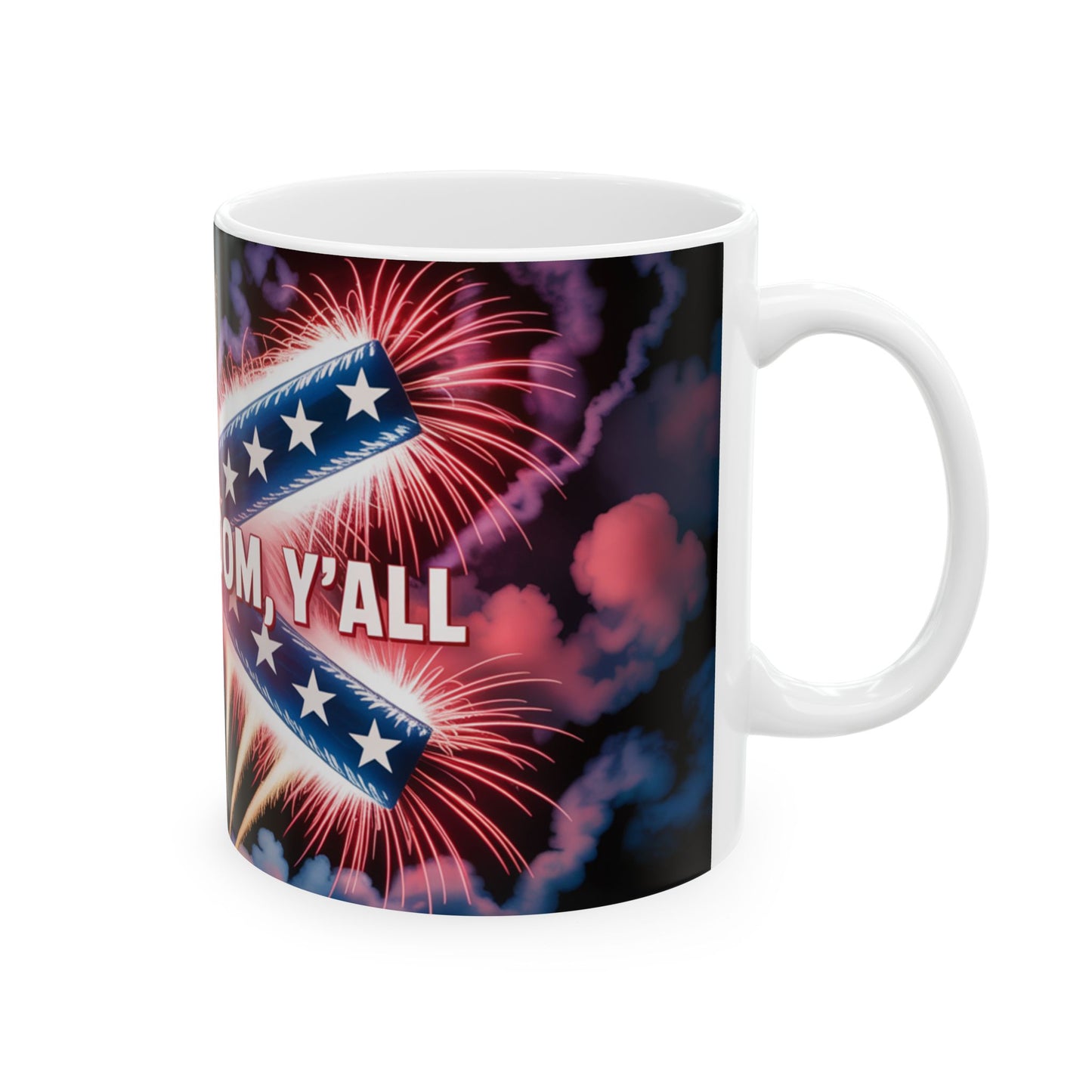 White ceramic patriotic confederate flag mug with fireworks and welcome design