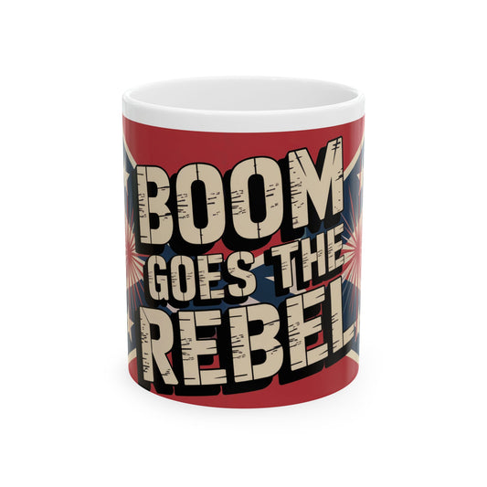 Red patriotic rebel ceramic mug with bold boom goes the rebel text and starburst design