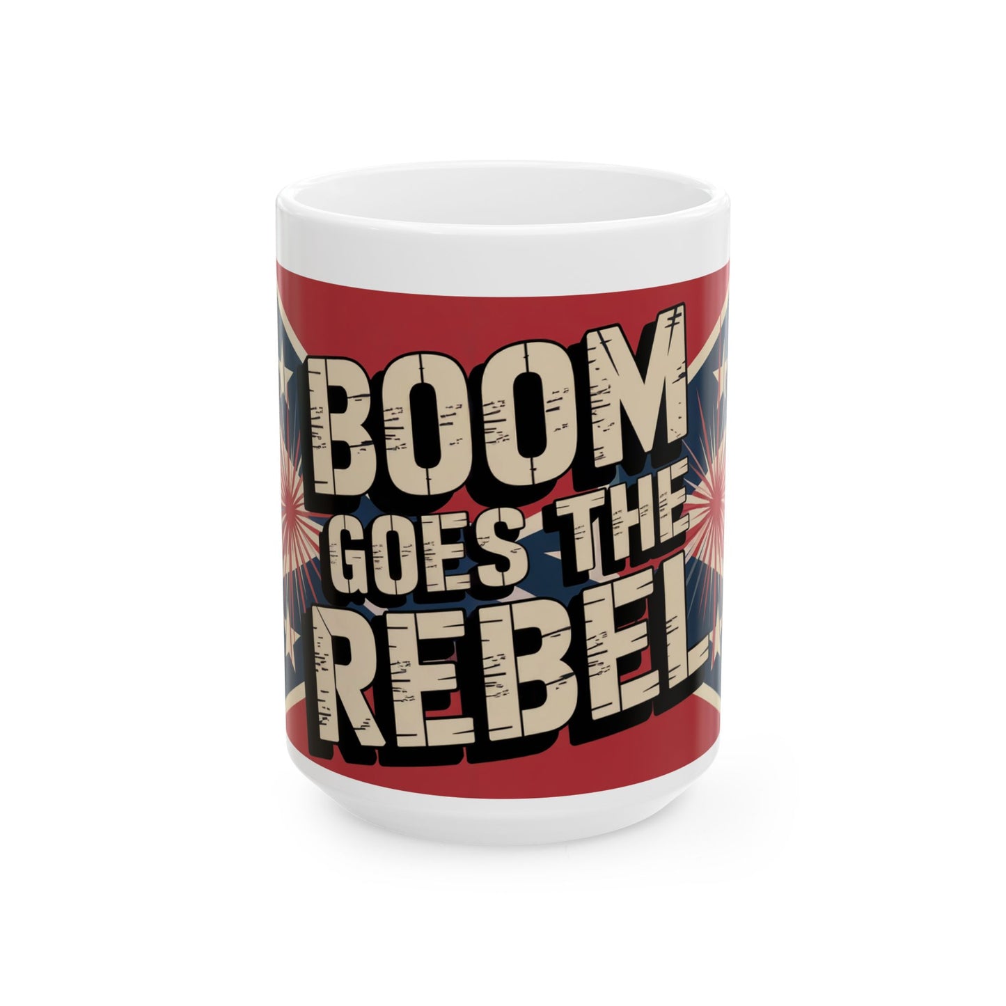 Patriotic rebel ceramic mug with bold Boom Goes The Rebel text and vintage American flag design