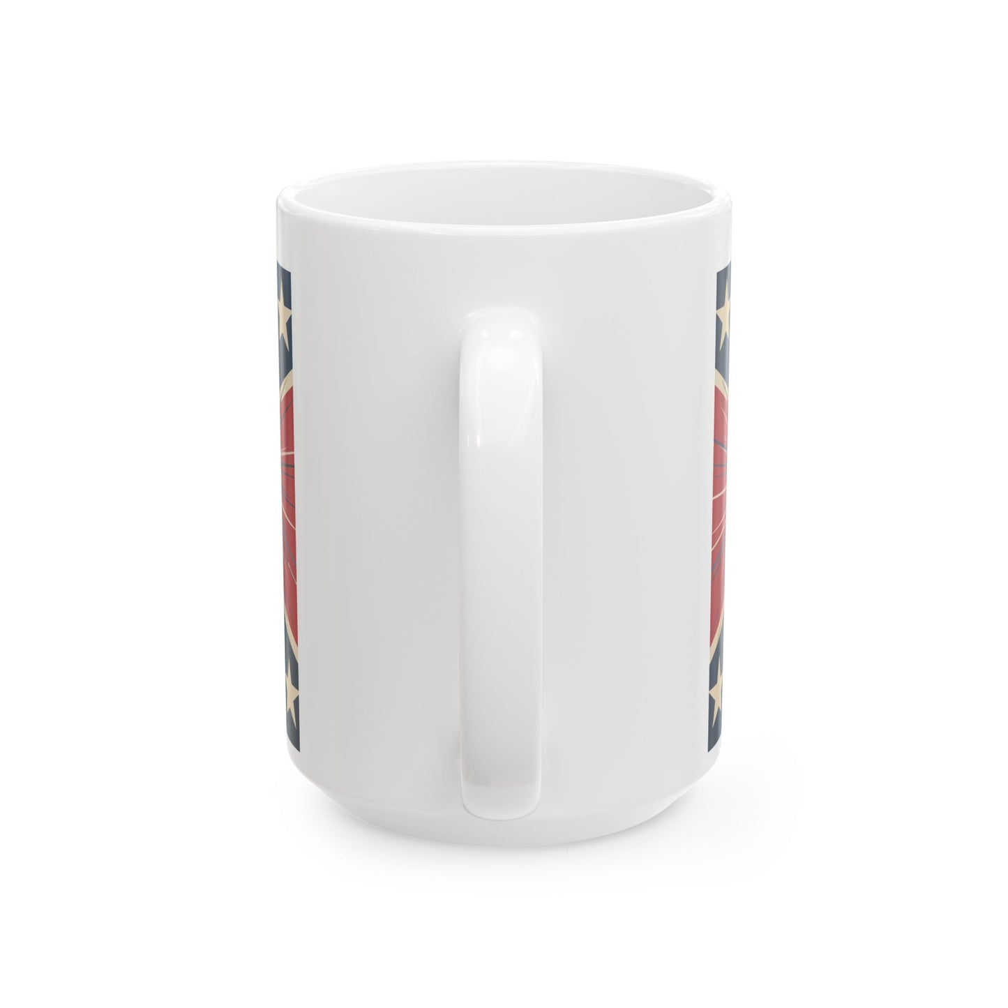 White ceramic mug with handle featuring patriotic rebel ceramic mug design showcasing a bold emblem