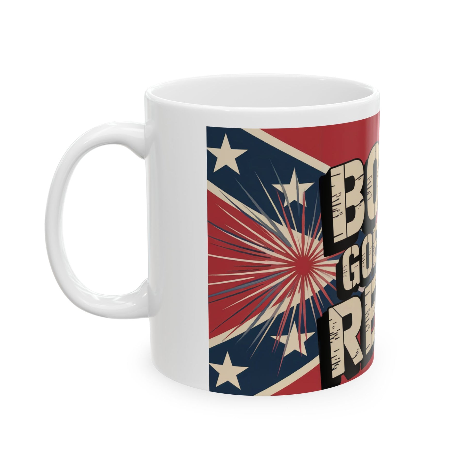 White patriotic rebel ceramic mug featuring bold flag design and vintage style text