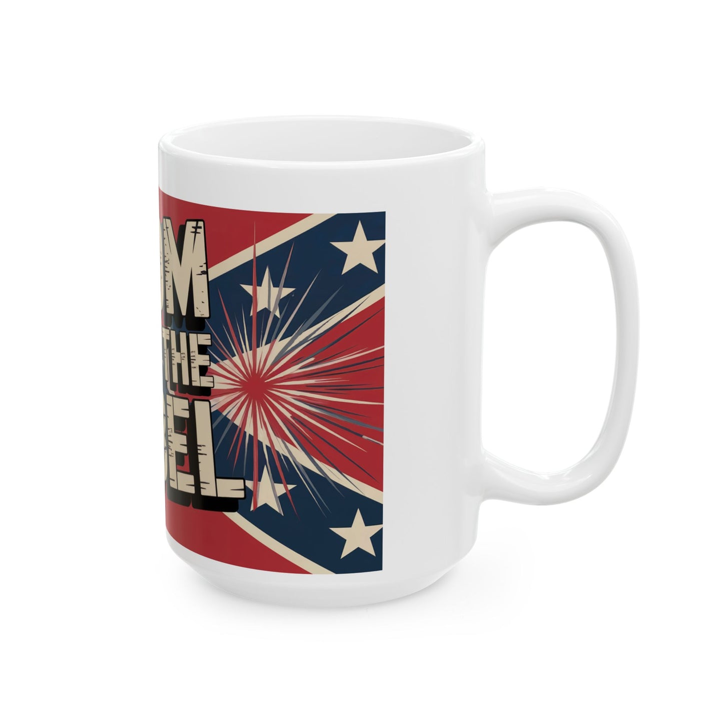 White ceramic mug featuring a patriotic rebel ceramic mug design with red, white, and blue stars and stripes