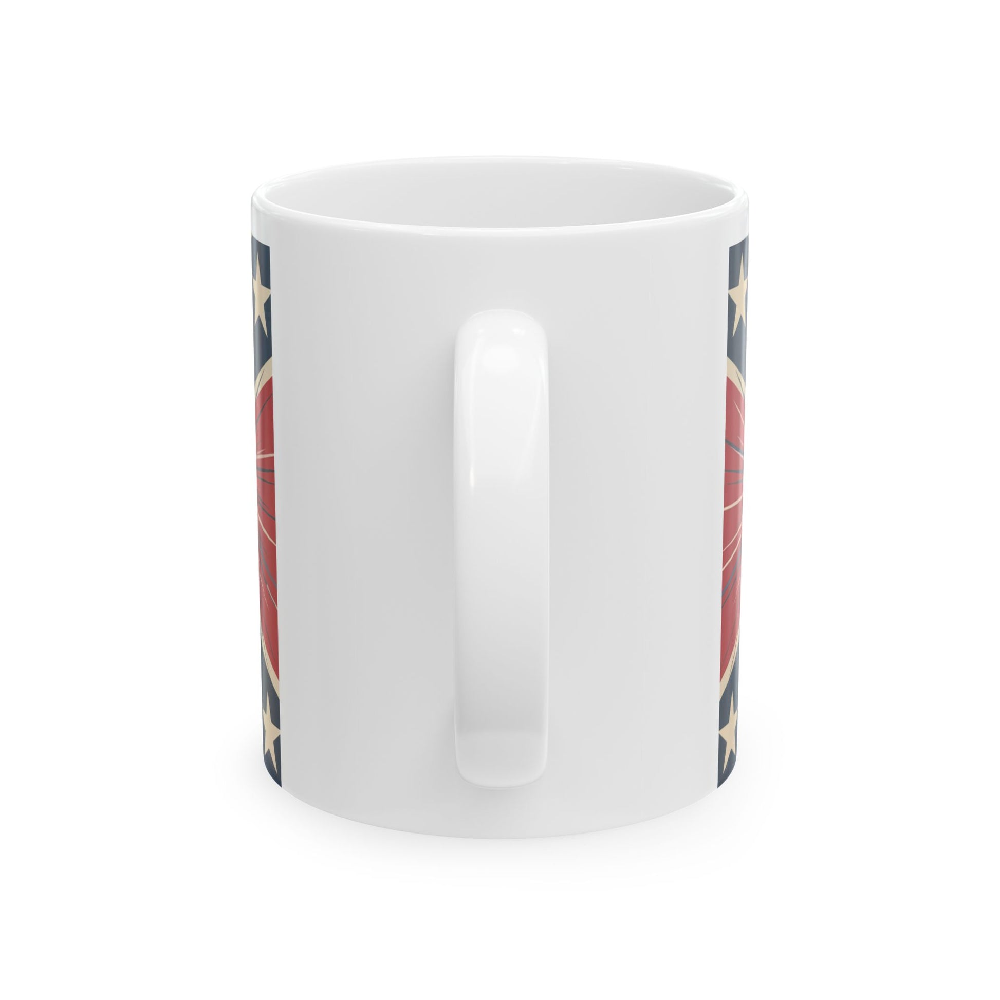 White ceramic patriotic rebel ceramic mug showing handle with partial star and shield design